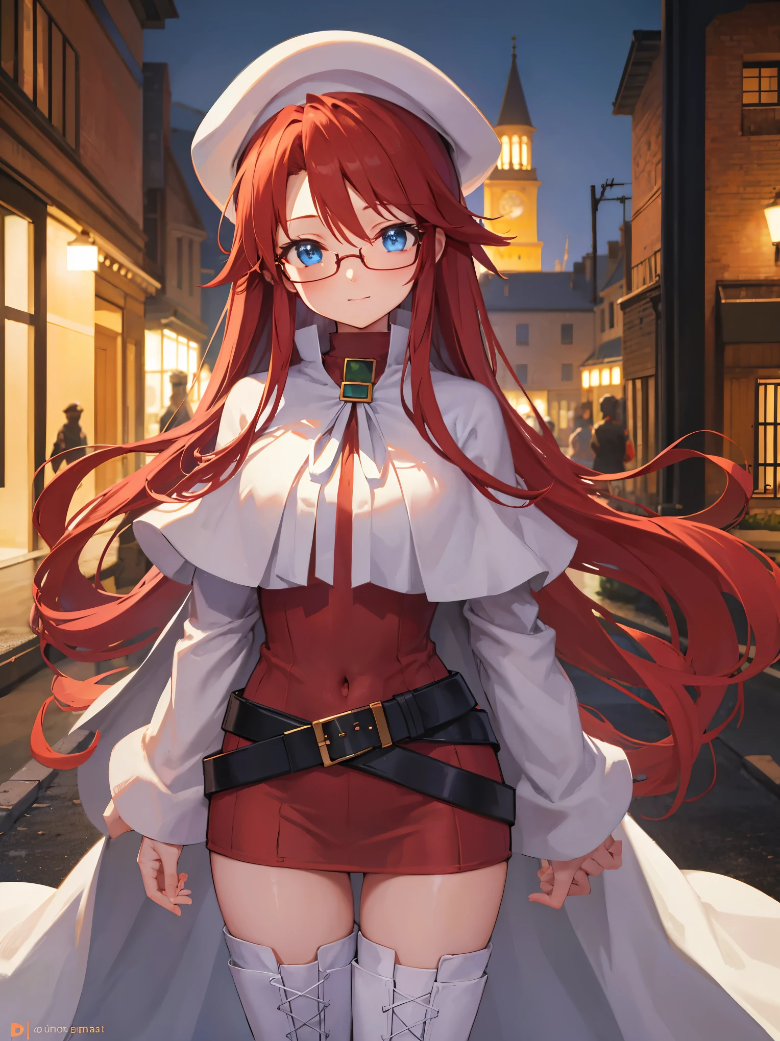 summonnightaty, aty, long hair, blue eyes, red hair, beret, hat, glasses,
BREAK long hair, thighhighs, hat, dress, boots, glasses, belt, cape, sweater, zettai ryouiki, beret, thigh boots, white footwear, ribbed sweater, loose belt,solo,
BREAK outdoors, fantasy_town,
BREAK (masterpiece:1.2), best quality, high resolution, unity 8k wallpaper, (illustration:0.8), (beautiful detailed eyes:1.6), extremely detailed face, perfect lighting, extremely detailed CG, (perfect hands, perfect anatomy),covered_nipples,covered_navel,light_smile ,(half_eyes:1.4),sword,armpit,sleepy,walking,barrel,red_sweater,apart_legs,