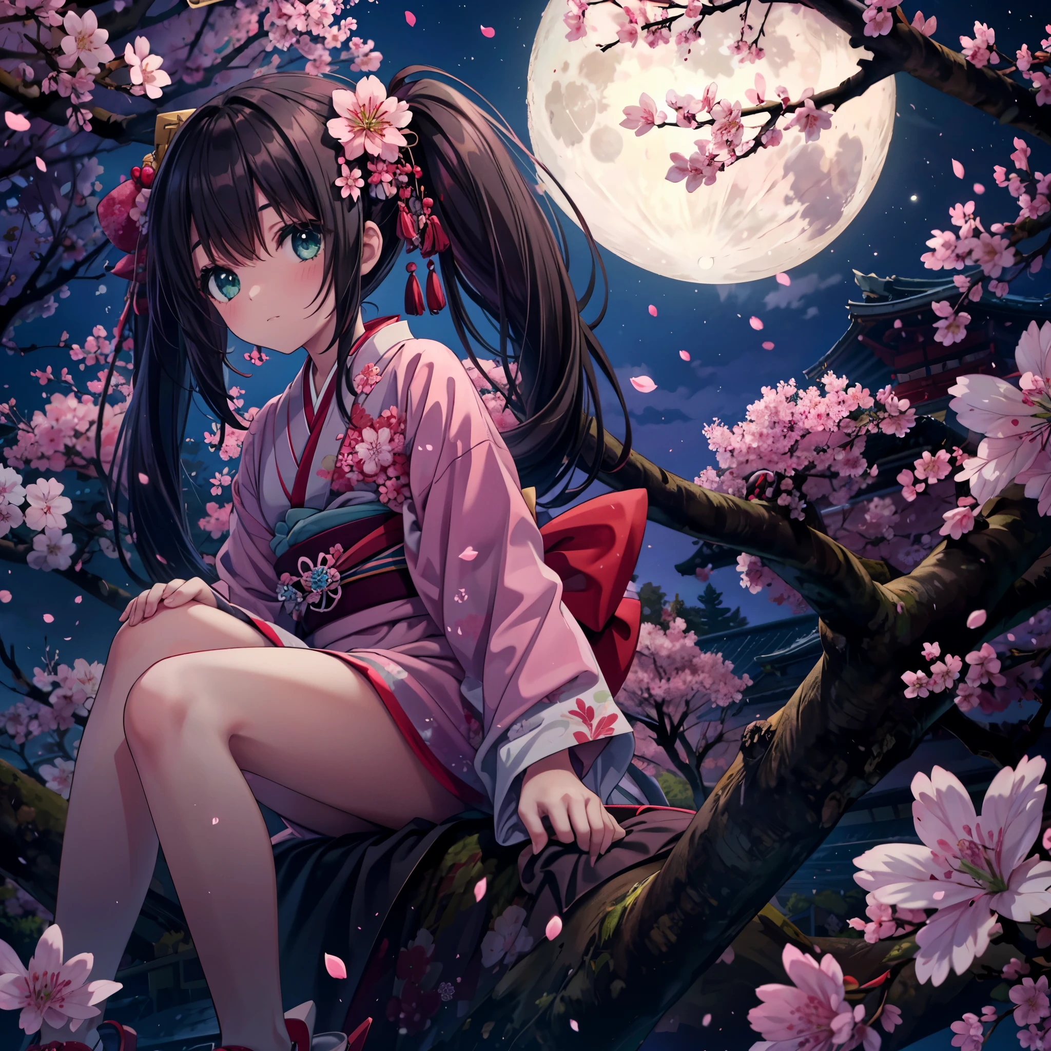 (chef-d&#39;œuvre), meilleure qualité, 1fille, seulement, a girl wearing pink kimono laying down on top of a tree with fleurs de cerisier at night, Levez la tête, 1fille, seulement, cheveux noirs, Twintails, vêtements japonais,kimono, cœur, Ceinture, peut, okobo, séance, séance in tree, jambes nues,  fleurs de cerisier, sakura, pétales, Sakura Fubuki, bifurquer, lune, full lune, Portraits colorés