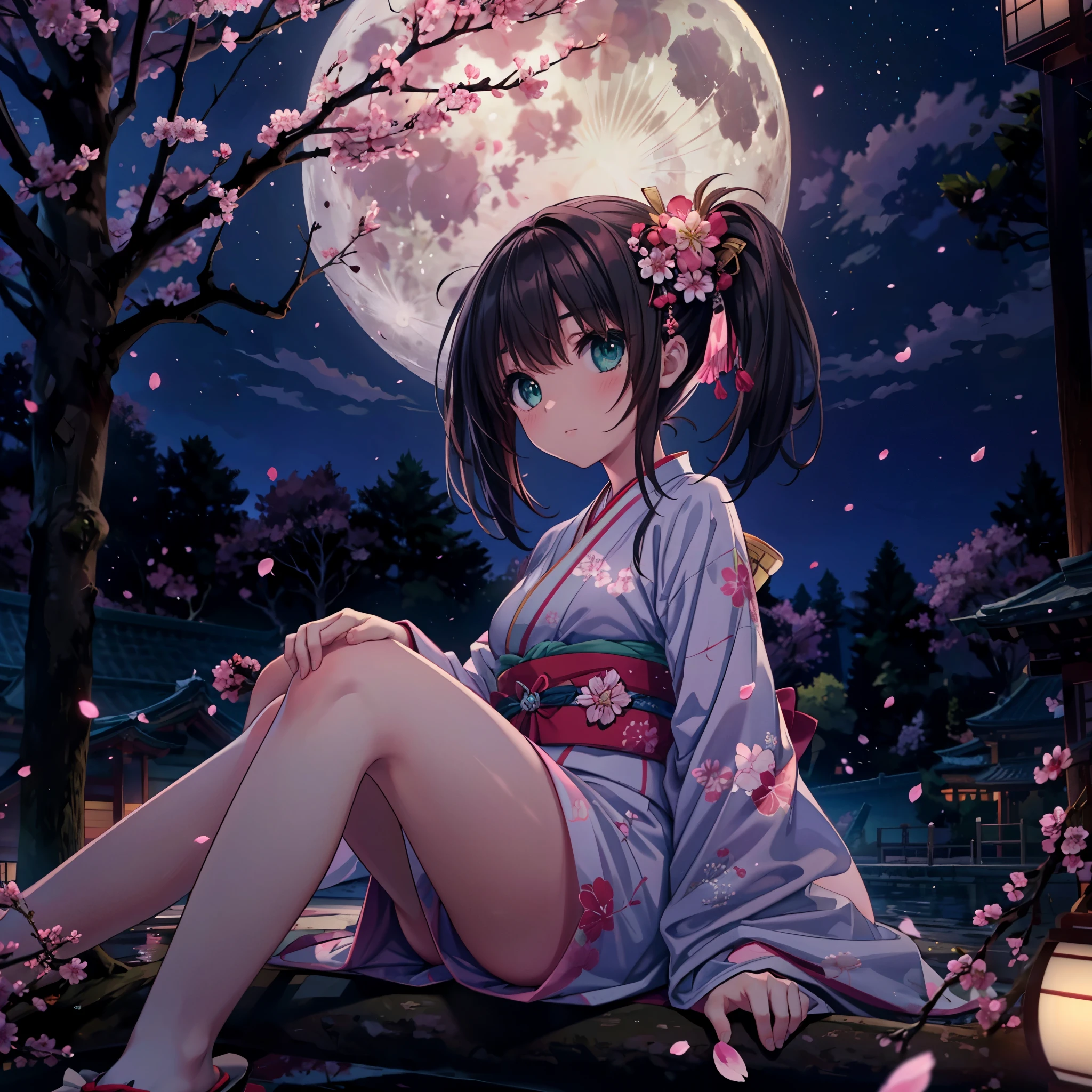 (杰作), 最好的质量, 1女孩, 独自的, a girl wearing pink 和服 laying down on top of a tree with 樱花 at night, 抬起头, 1女孩, 独自的, 黑发, 双马尾, 日本衣服,和服, 心, 窗扇, 能, 这就是为什么, 坐, 坐 in tree, 裸腿,  樱花, 樱花, 花瓣, 樱花 fubuki, 分支, 月亮, full 月亮, 彩色肖像