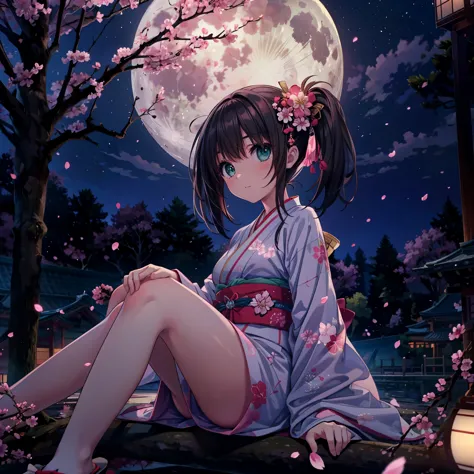 (masterpiece), best quality, 1girl, solo, a girl wearing pink kimono laying down on top of a tree with cherry blossoms at night,...