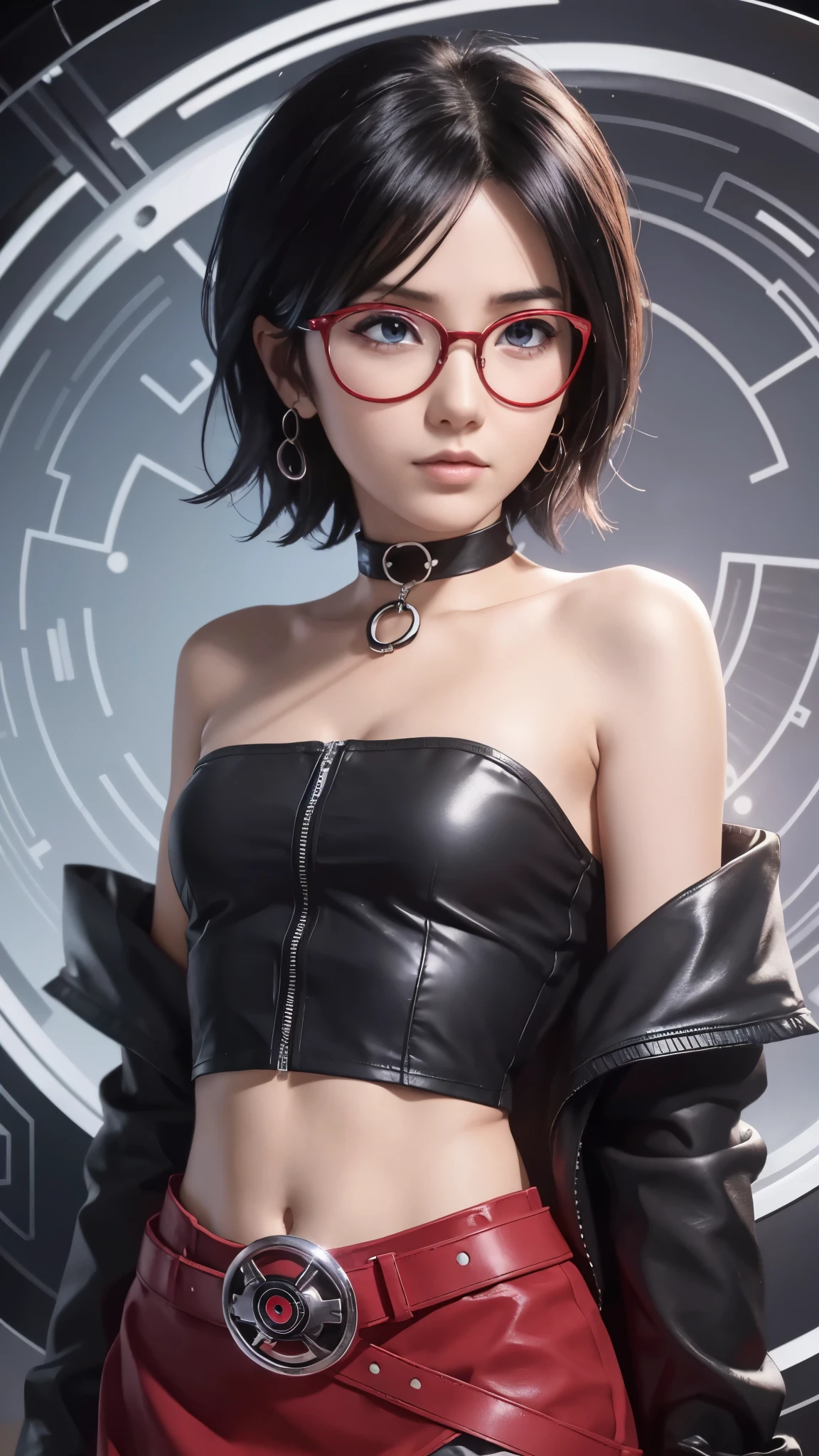 ((Matserpiece)), best quality, highres, Sarada, age up, mature, adult, time skip, sort hair, thin glasses, bare shoulder, black jacket, tube top, black tube top, simple back grounr, sexy pose, black eyes, black hair, close up, earing, collarbone, uchiha symbol earing, very short hair, tomboy hair, tomboy, long tube top, choker, (boruto two blue vortex), half body, belt, black skirt, uchihq symbol, sharingan symbol,