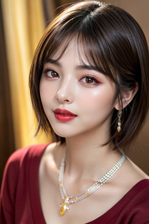 (highest quality、table top、8K、best image quality、Award-winning work)、(one young girl, 14 years old:1.3)、(Perfect V-neck red long knit sweater:1.2)、(red eyeshadow:1.2)、perfect makeup、long eyelashes、Super high-definition sparkling eyes、ultra high definition hair、ultra high resolution glossy lips、Super high resolution perfect teeth、Super high resolution cute face、brown hair、(very short straight hair:1.1)、look at me and smile、[clavicle]、accurate anatomy、(close up of face:1.5)、Luxury love hotel、(The most moody warm lighting:1.2)、blurred background、With bangs、Super high-resolution glossy and moisturized face、Super high resolution glowing skin、most detailed face、Ultra high resolution detailed faces、ultra high resolution hair、Super high resolution sparkling eyes、Beautiful face drawn in every detail、Super high resolution glossy red lips、big breasts、cleavage、Fashionable necklaces、high school girls uniform