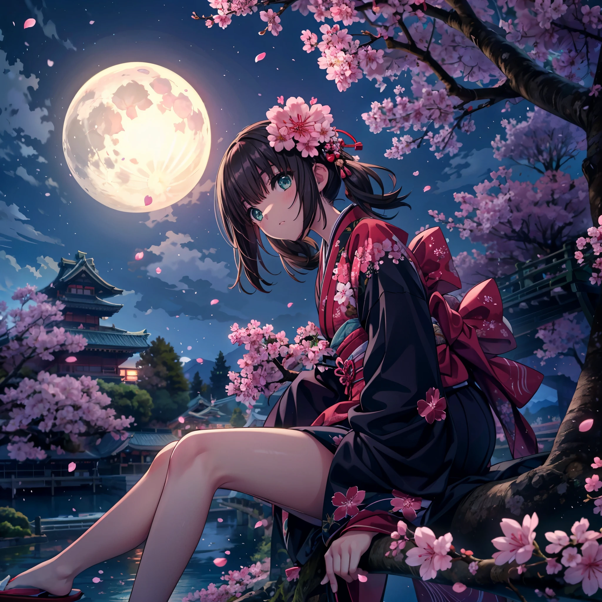 (傑作), 最好的品質, 1個女孩, 獨自的, a girl wearing pink 和服 laying down on top of a tree with 櫻花 at night, 抬起头, 1個女孩, 獨自的, 黑髮, 雙馬尾, 日本衣服,和服, 心, 窗扇, 能, 因為, 坐著, 坐著 in tree, 裸腿,  櫻花, 樱花, 花瓣, 樱花 fubuki, 分支, 月亮, full 月亮, 色彩繽紛的肖像