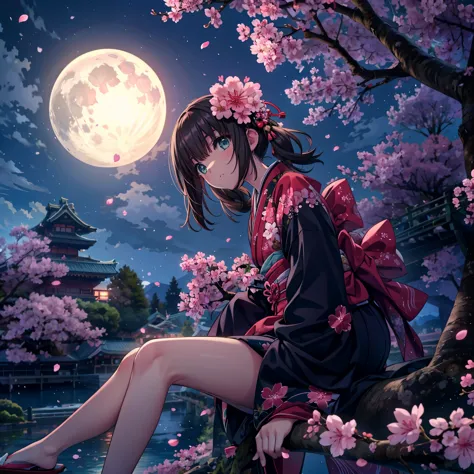 (masterpiece), best quality, 1girl, solo, a girl wearing pink kimono laying down on top of a tree with cherry blossoms at night,...