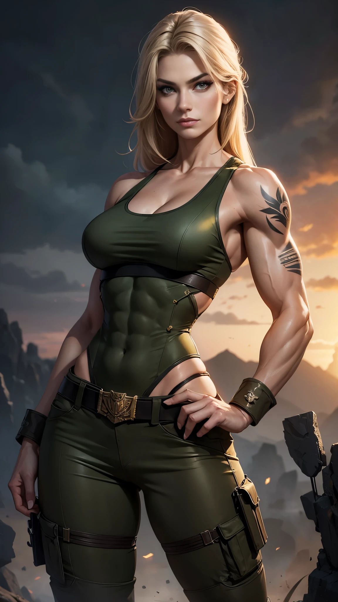 Une femme soldat magnifique et époustouflante combattant sur le champ de bataille, souriant, grand, sculptural, imposant, imposant, biceps, triceps, huit pack abs, abdominaux extrêmement définis, débardeur, épaules larges, hanches étroites, taille fine, seins énormes, Mince, mince, tonique, long cils, Se maquiller, yeux parfaits, eye-liner, Des lèvres parfaites, Longs doigts, doigts délicats, ongles longs, Mannequin, tatouage sur l&#39;épaule, (uniforme militaire),