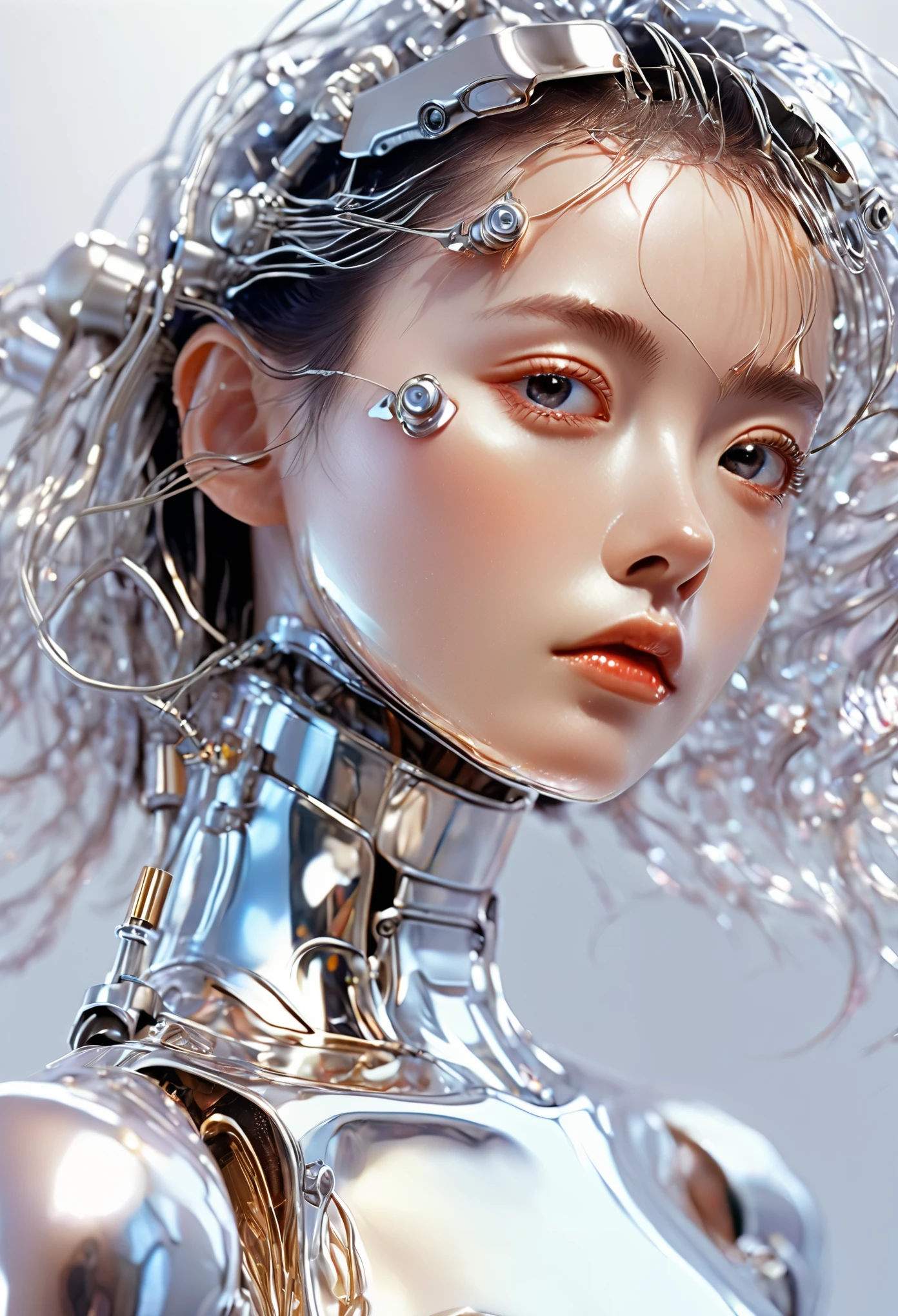 Hajime Sorayama, años 90, laboratorio, mujer de moda, retrato de su chica robot , peca,rasgos faciales en alta definición, F4, 35mm, fotografía, luz natural , brillante，textura de gelatina，La piel es cristalina