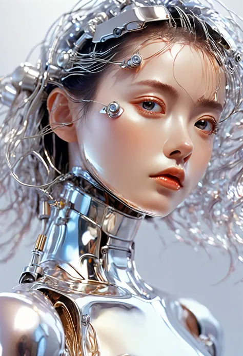Hajime Sorayama, 90s, laboratory, fashion woman, portrait of her robot girl , freckle,HD facial features, F4, 35mm, photography,...