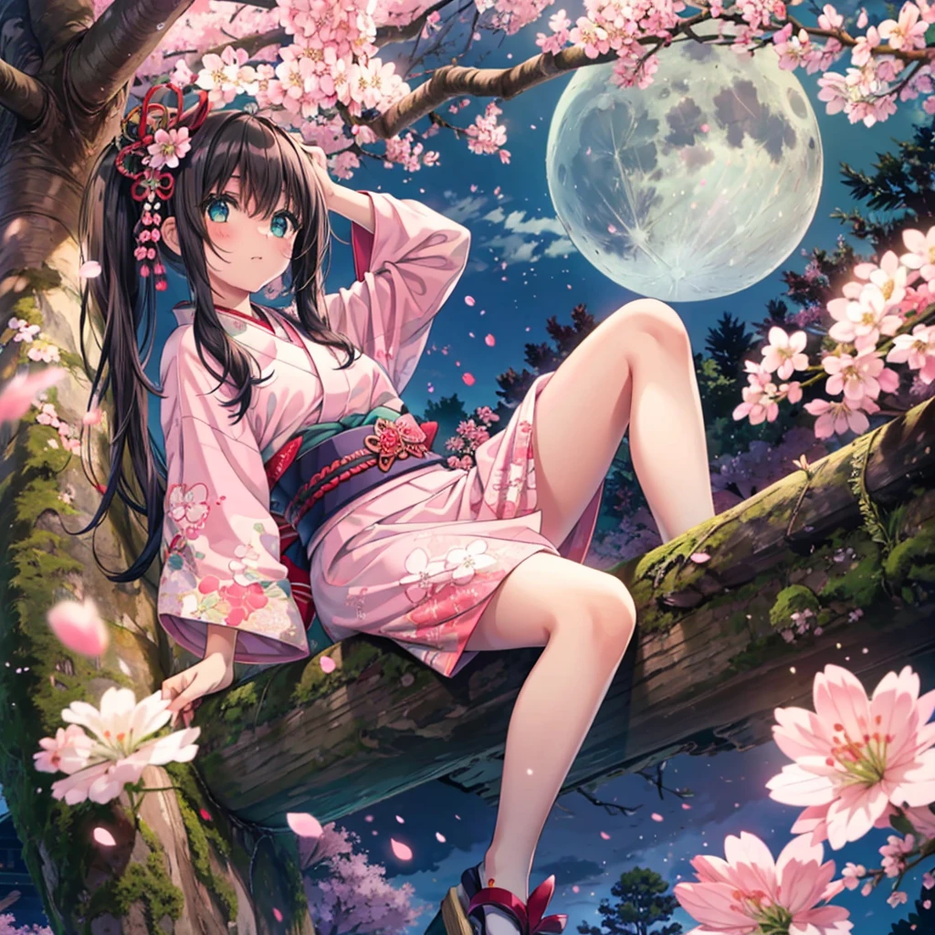 (Meisterwerk), beste Qualität, 1 Mädchen, Allein, a girl wearing pink Kimono laying down on top of a tree with Kirschblüten at night, den Kopf heben, 1 Mädchen, Allein, Schwarzes Haar, Zwillingsschwänze, Japanische Kleidung,Kimono, Herz, Schärpe, dürfen, deshalb, Sitzung, Sitzung in tree, bare legs,  Kirschblüten, Sakura, Blütenblätter, Sakura fubuki, branch, Mond, full Mond, Farbenfrohe Porträts