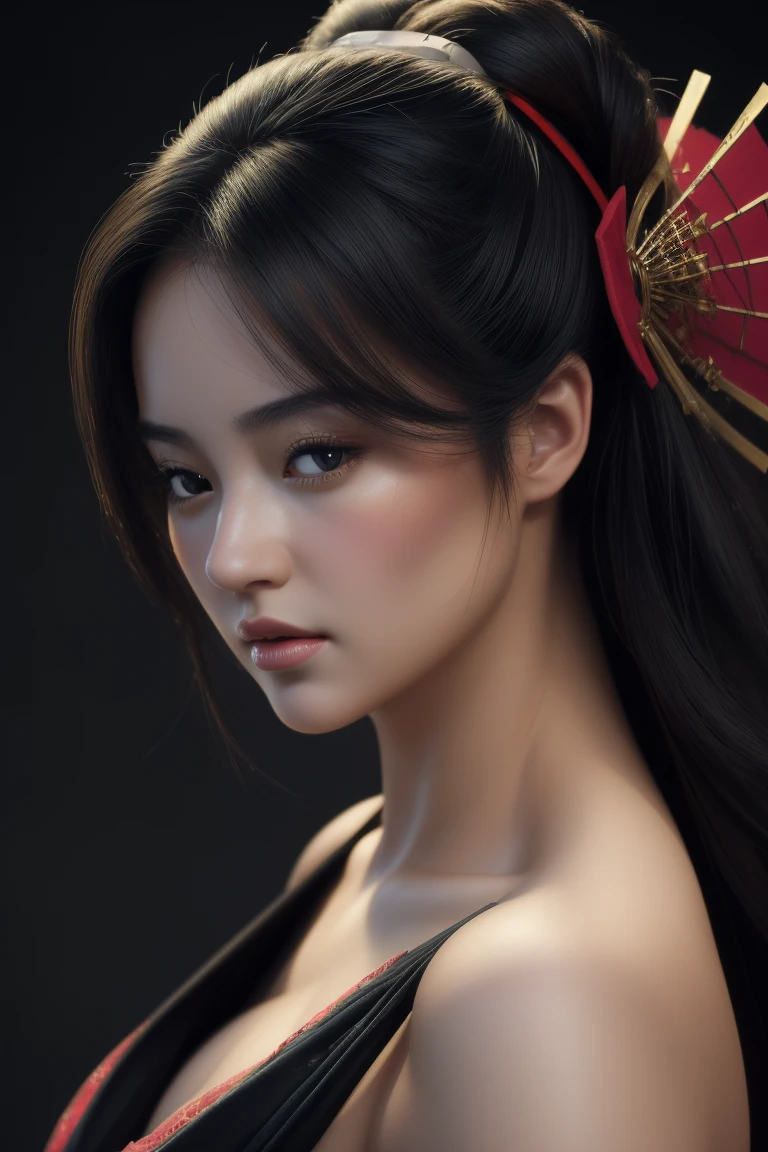 ((Best quality, 8k, Masterpiece :1.3)), Image of a geisha. Like the hair of a Japanese geisha, Long black hair:1.3. Beautiful geisha in kimono, (black kimono). Big breasts:1.3. close up cleavage. ((Bare shoulders _depth of field)), atmospheric perspective, Volumetric lighting, Clear focus, absurd resolution, Realistic proportions, Good anatomy, (realistic,Hyper-realistic:1.37), 16K HD, INFO. ((dark background)), black background.