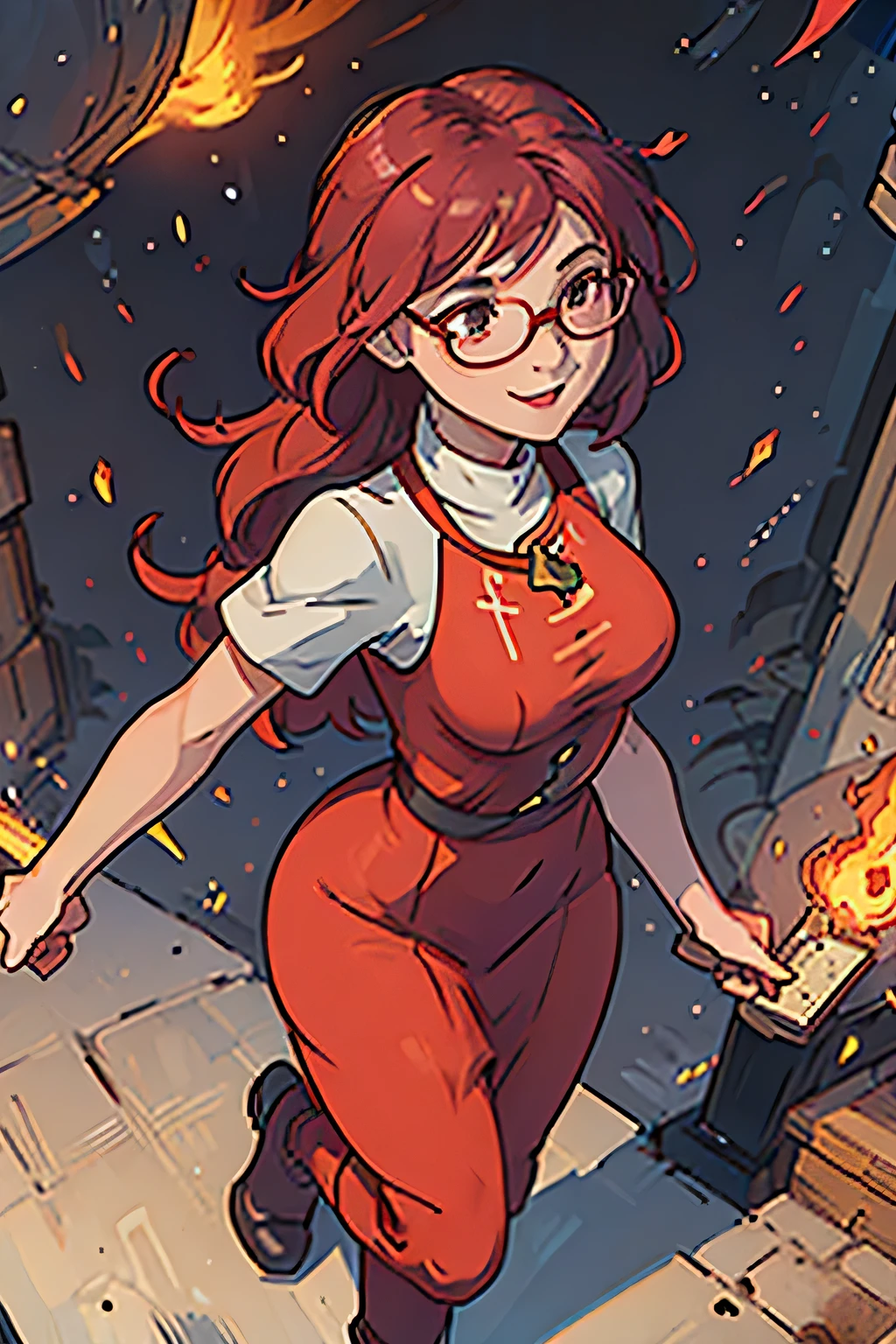 (((masterpiece))), (((best quality))), illustration, single character, game character, rpg character, female character, female athletic cook. red LONG dress with golden details and lines. open leg long dress. big pink round glasses. medium breasts. wide hips. perky butt. up turned hips. medium wavy hair . redwine-colored hair, brown eyes, happy face expression. laughing smile. head to toe view. full body view. phoenix rising explosion background, flat color background, anime character, 8k, awesome quality
