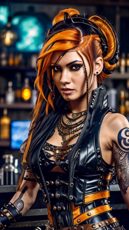 High resolution photo, ultra detailed body and face, European Indian mixed race 40 year old woman, cyberpunk hairstyle and the sides of the head shaved, main hair orange, side hair gold, clothing steampunk corsage made of etched leather with lace and many accessories and long steampunk mullet skirt made of etched Velvet with pointed and wide steampunk belt and steampunk women's boots, bright large gothic tattoos, full body pose casually standing at a bar counter looking into the camera, bar and bar counter in steampunk style, steampunk photo atmosphere at night, Long skirt