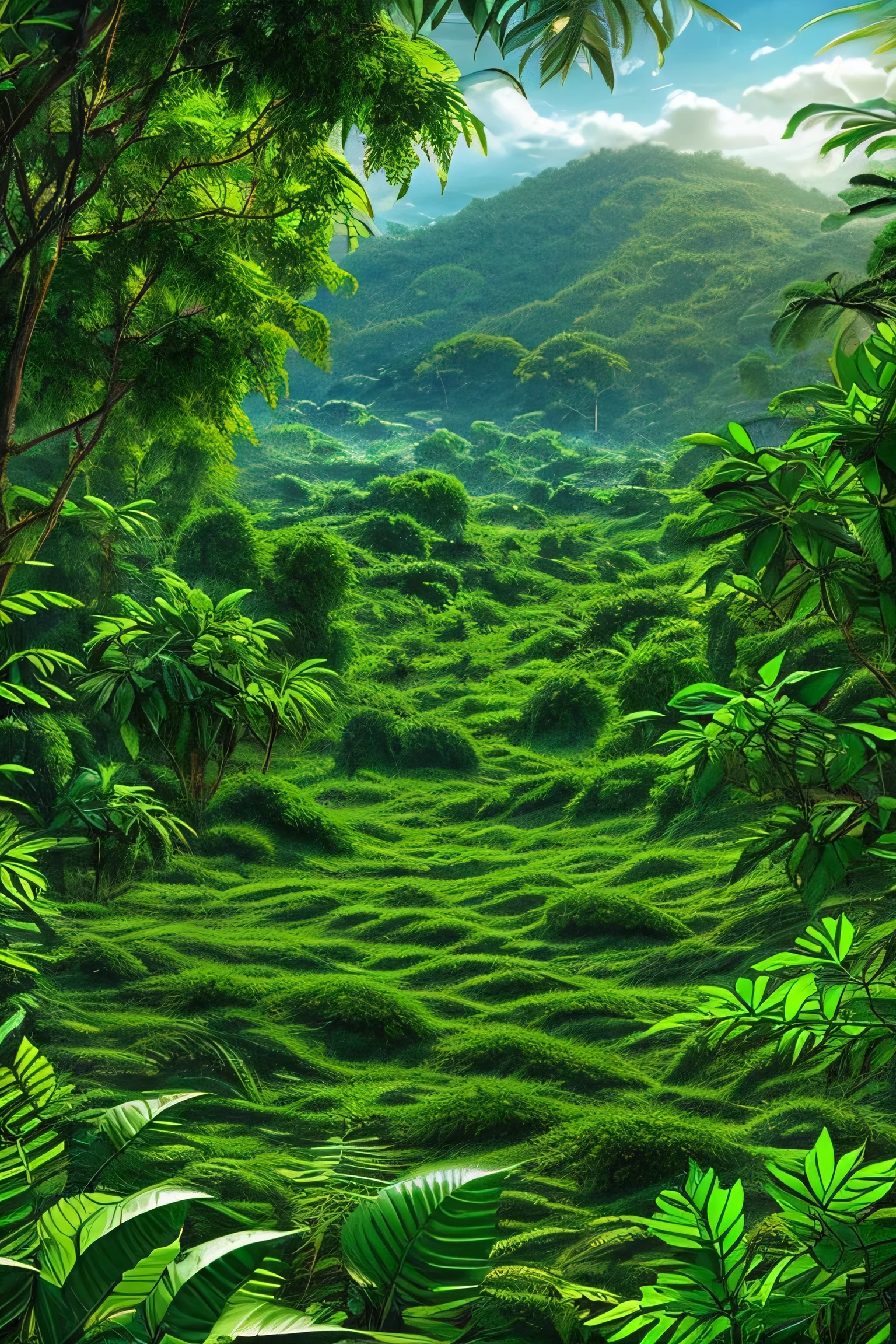 Beautiful hyper-realistic and super-detailed masterpiece that shows the vegetation of a tropical jungle with exotic, large-leaved plants,
