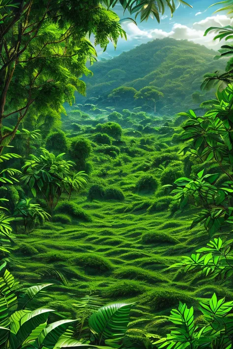 Beautiful hyper-realistic and super-detailed masterpiece that shows the vegetation of a tropical jungle with exotic, large-leave...