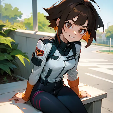 a 17-year-old my hero academia style girl with short brown hair, ojos marrones, piel blanca, tiene uniforme de la ua,she is sitt...