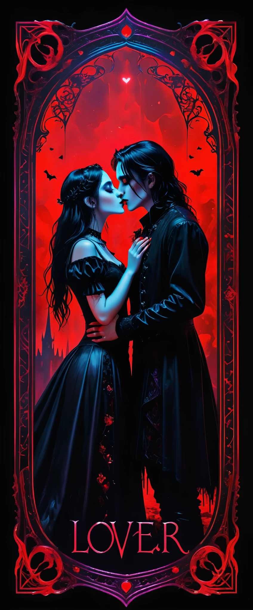 Cartas de tarô, Casais se beijando, estilo gótico, misterioso com néon escuro e cores holográficas, maldita borda do cartão vermelho, a inscrição da palavra Amantes detalhada, 8K