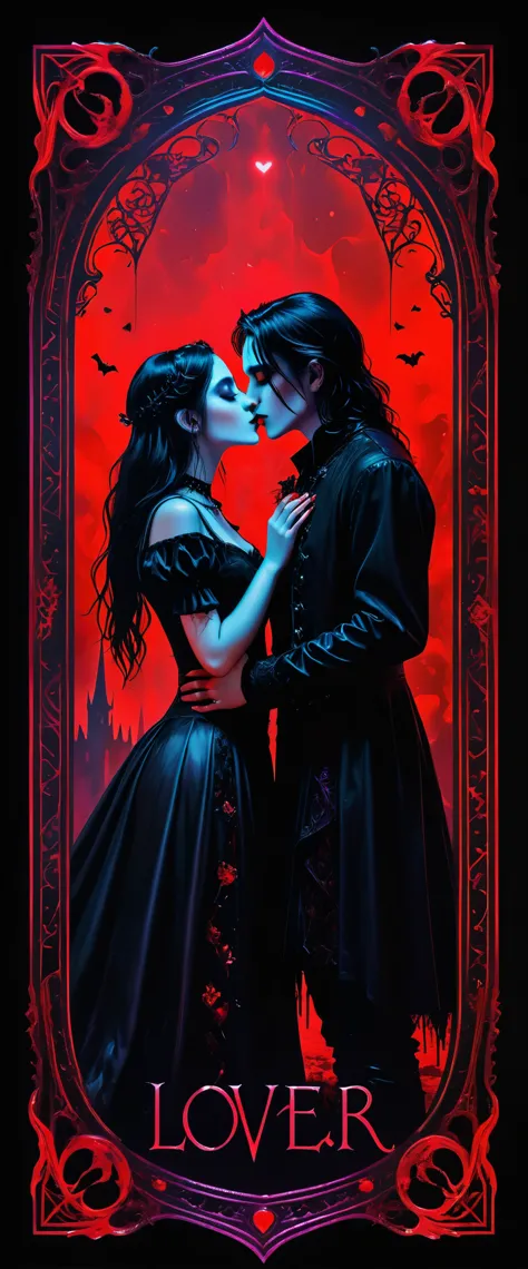 Tarot cards, Couples kissing, Gothic style, mysterious with dark neon and holographic colors, bloody red card border, the word L...