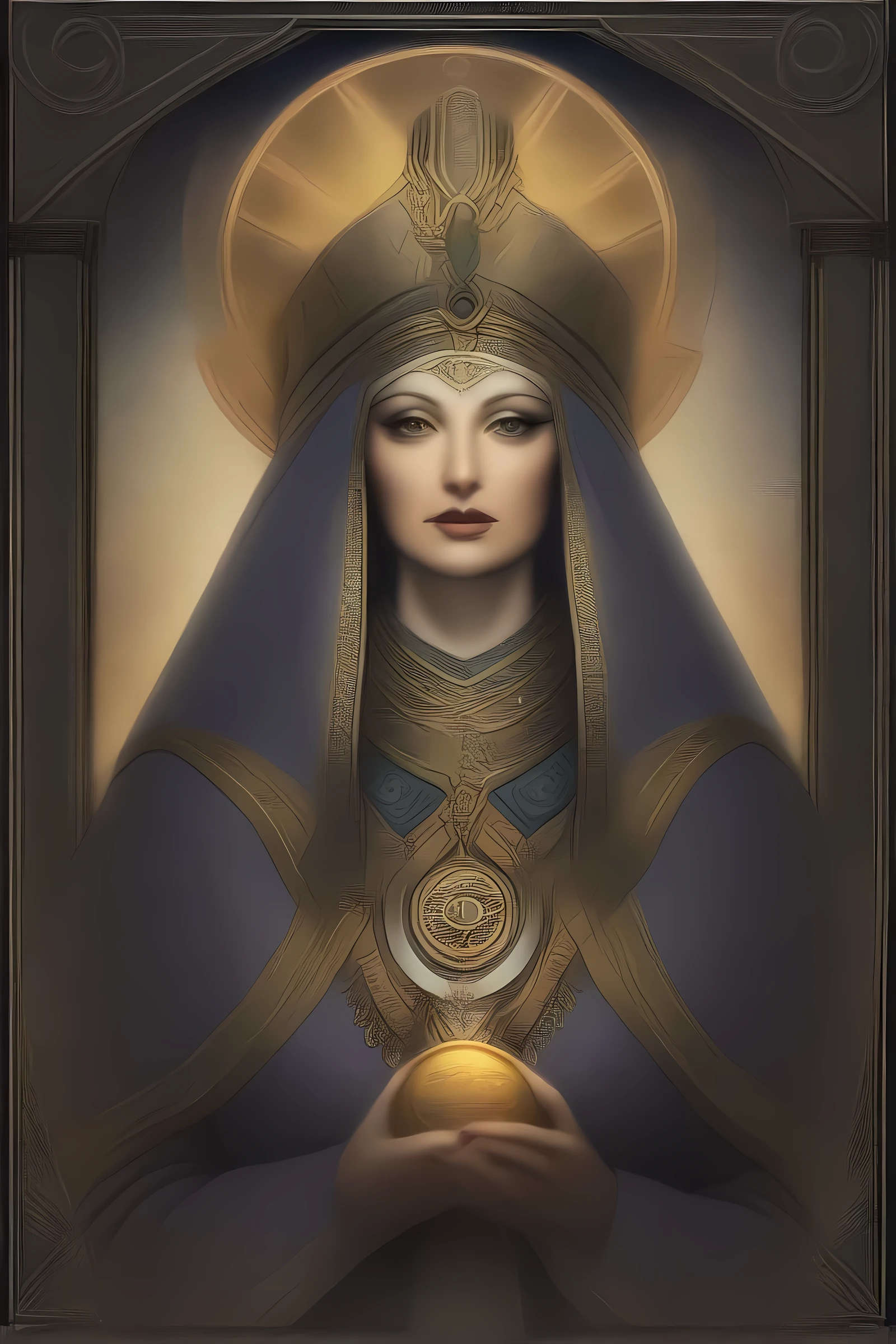 masterpiece, best quality, very aesthetic, absurdres, mature female, award winning illustration of the high priestess, extremely detailed, highly detailed portrait, full body shot, Tarot Card Style