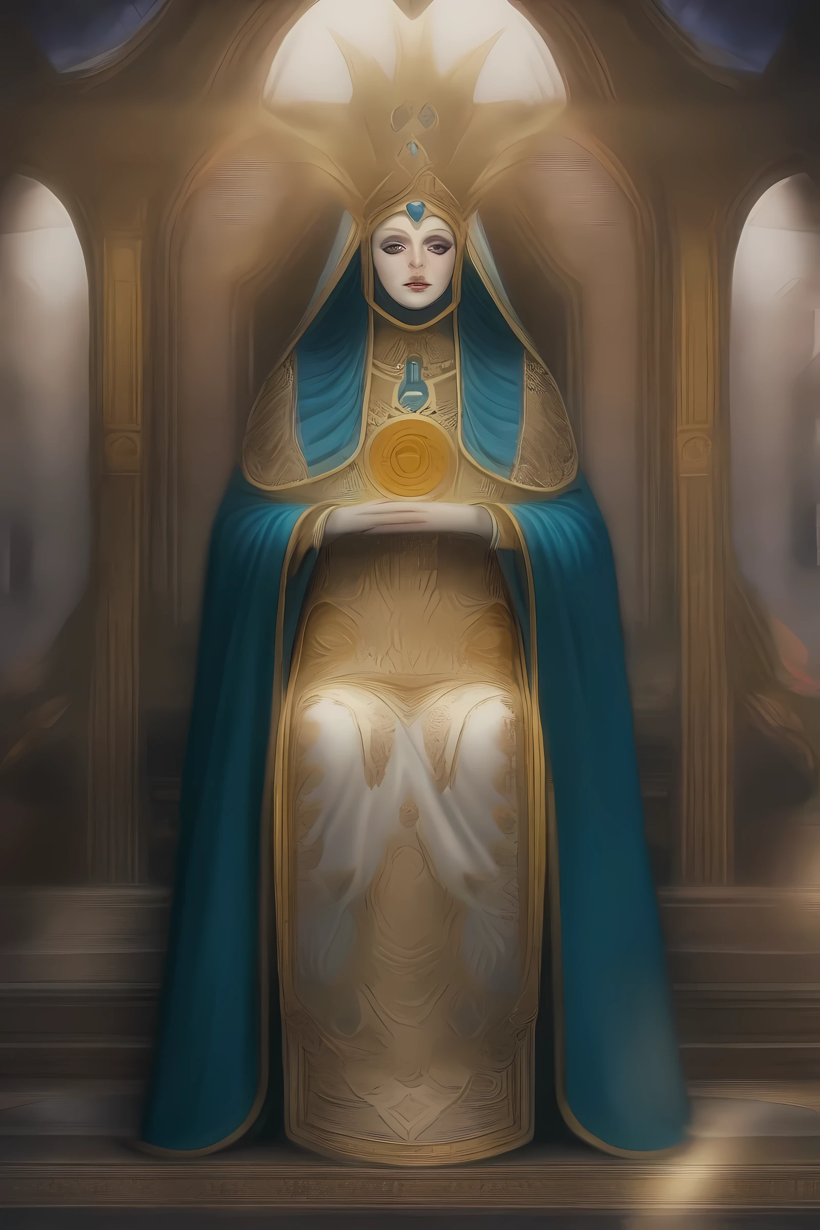 masterpiece, best quality, very aesthetic, absurdres, mature female, award winning illustration of the high priestess, extremely detailed, highly detailed portrait, full body shot, Tarot Card Style