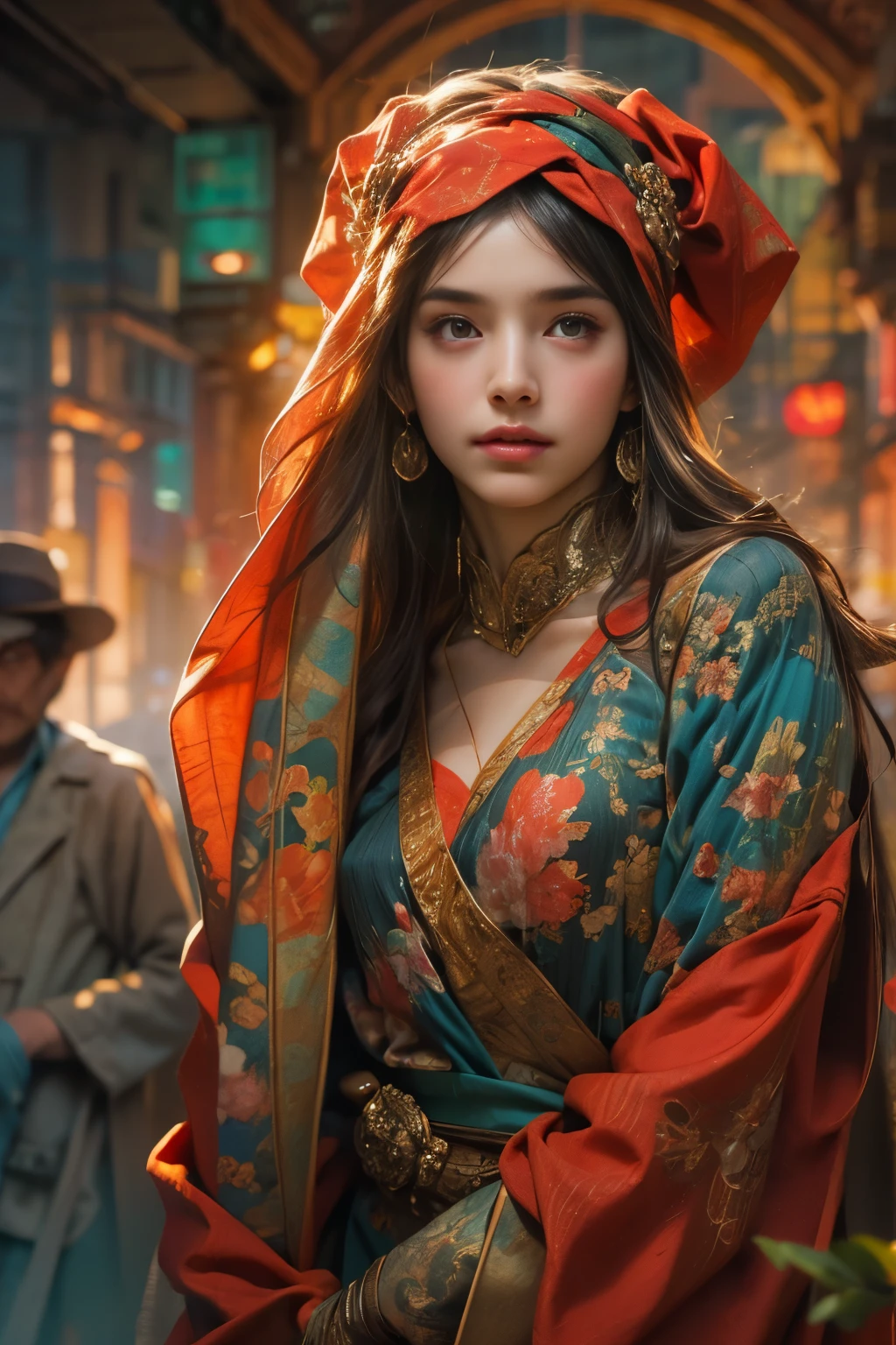 A girl with a scarf wrapped around her head, Craig Mullins Alphonse Mucha artistic style, beautiful character illustration, vibrant and deep colors by Rads and Lois Van Baarle, Artgerm and Ati Gilan collaboration, rich and deep colors reminiscent of Charlie Bowater's artwork, Lostland 8k resolution, a bountiful and colorful display of food, Artgerm and Craig Mullins collaboration. (best quality, 8k resolution, highres, masterpiece:1.2), ultra-detailed, photo-realistic:1.37, HDR, studio lighting, ultra-fine painting, sharp focus, physically-based rendering, extreme detail description, professional, vivid colors, bokeh, portraits, food genre, vibrant and warm color palette, soft and diffused lighting.