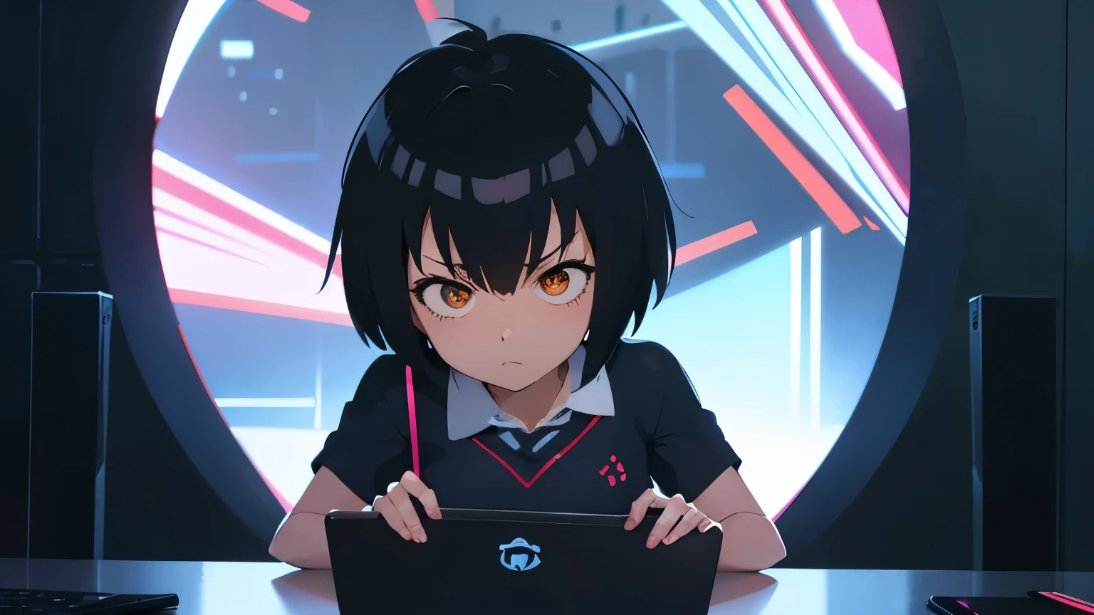 anime peni parker fille ,, Travailler sur un ordinateur portable, ,visage sérieux , scénario sombre , moniteurs holographiques 