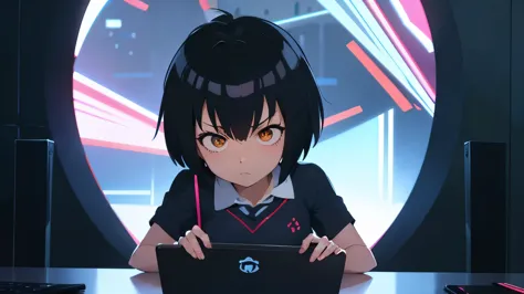 anime peni parker girl ,, working on a laptop, ,serious face , dark cenario , monitores olograficos 