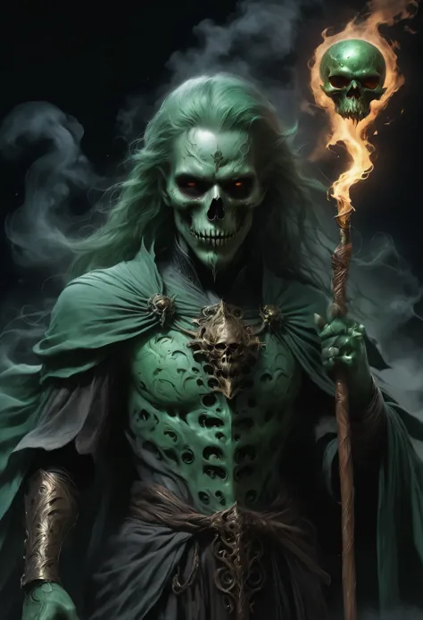 dungeon and dragons art, fantasy art, fantasy illustration, Powerful and terrifying lich, Necromancer, green skull, holding the ...