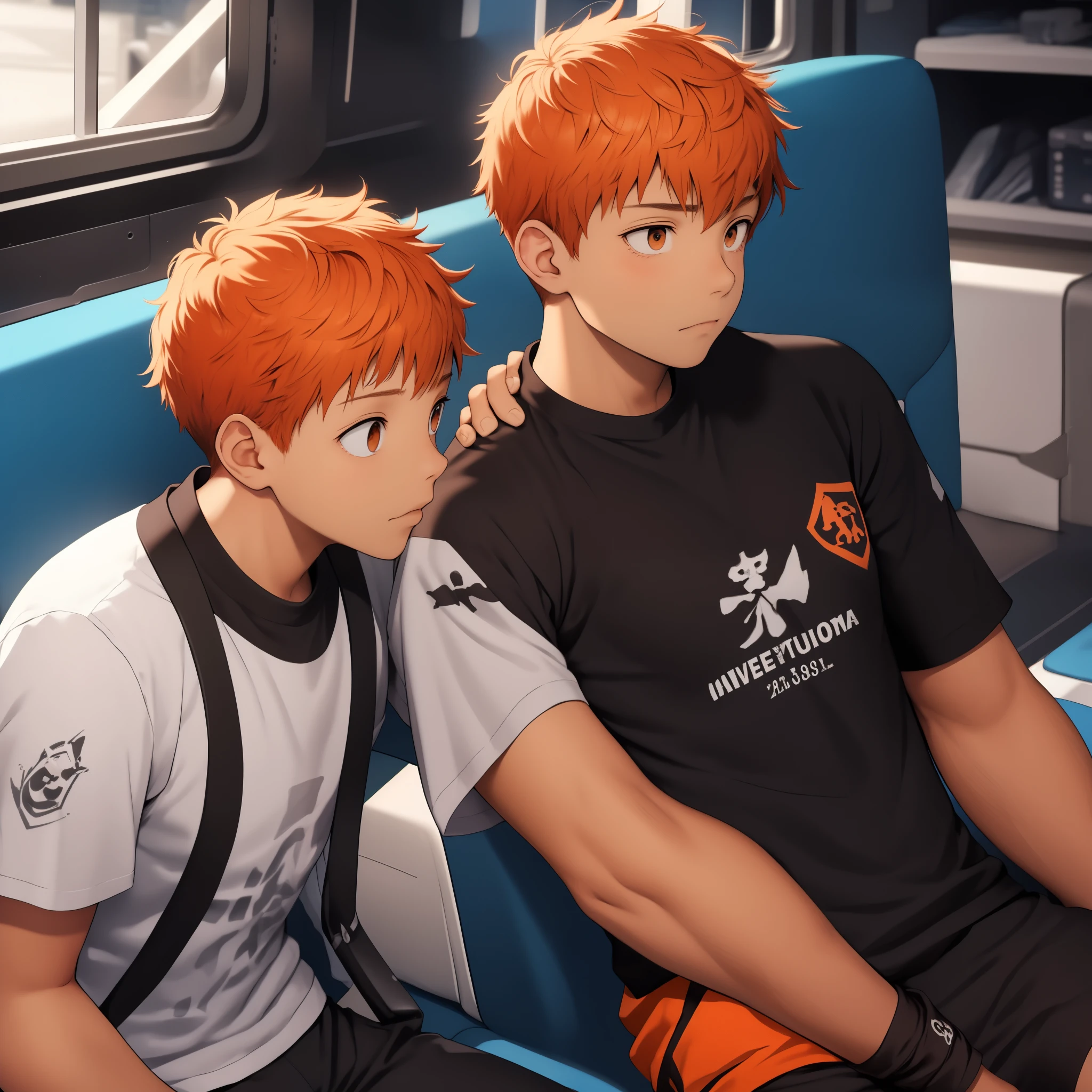 Existem dois irmãos, um com cabelo curto laranja, Eles têm 10 anos.,fica triste chateado chora um pouco