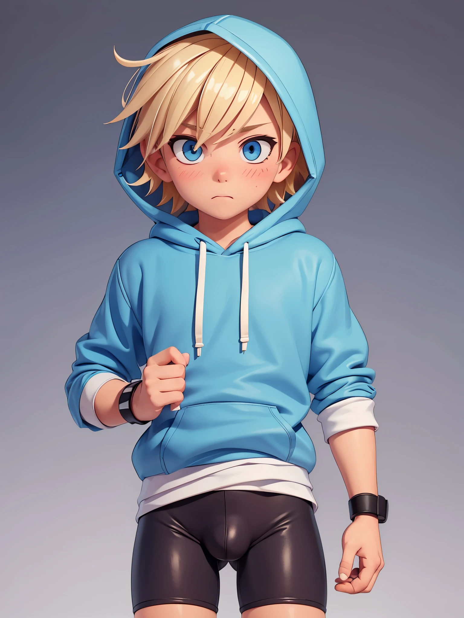 1boy,bike shorts,blonde hair,blue eyes,blush,bulge,cuffs,habit,hair between eyes,handcuffs,hood,hoodie,penis,simple background,trap,white background