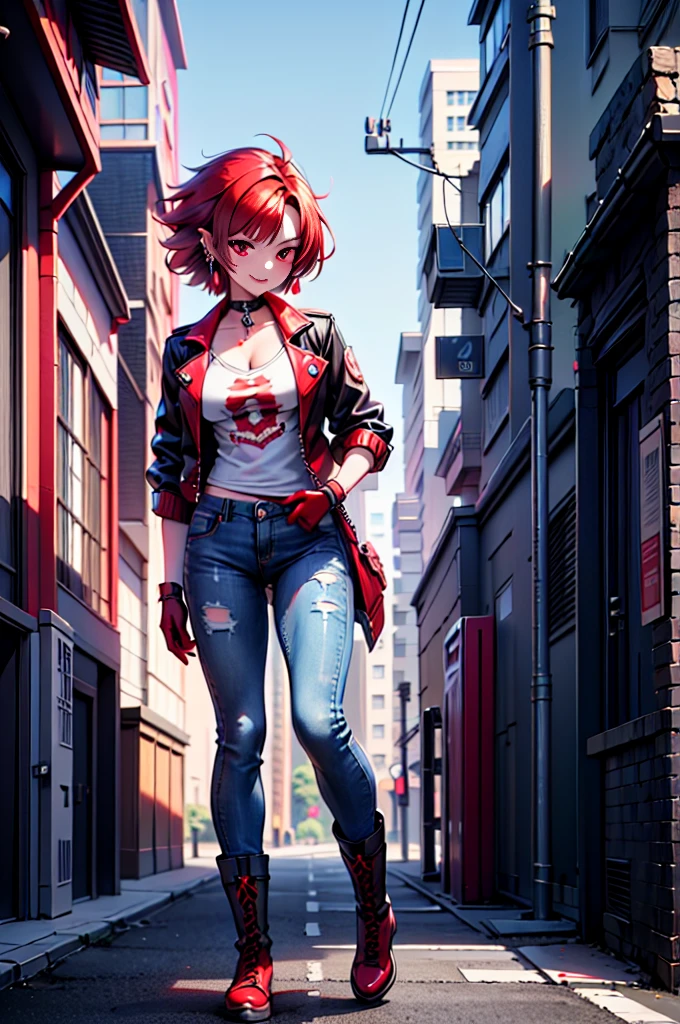 a sie sind girl in the art style of persona5 and in the art style of street of rage 4, Delinquent, (sie sind), reifen female, erröten, reifen, ältere Frau, 2, sie sind teacher outfit, ((((1 Mädchen, Allein female, Allein, Allein focus:1,9)))++++, HALSBAND, sie sind teacher, sie sind Kämpfener, lange Ärmel, open Jacke, blue Jacke,( Jeans)+++, helle Hautfarbe, weiblich, (Ganzkörper)+++++, Jacke, biker Jacke, Band, Armstütze, Handschuhe, red Handschuhe, Brautstulpen, Nagelpolitur, Stiefel, schwarze Schuhe, Kämpfener outfit, (Ganzkörper)+++++++, Sanduhr, reifen face, freches Lächeln, Freches Gesicht, Falten, (((((Rote Haare, Kurzes Haar, Ohrringe, Ohrpiercings)))), rote Augen, Kämpfening art, Kampfsport, Stehen, Kämpfening stance, Kämpfen, Kämpfening), zusätzliche Farben, 2d, megapixel, Perfektionismus, Akzentbeleuchtung, Full HD , (Meisterwerk:1.2), (Ganzkörperaufnahme:1),(Cowboy-Schuss:1.2), (sehr detailliert:1.2),(Anime Detailliertes Gesicht:1.2), bunt, Ein Auge fürs Detail, (detaillierte Landschaft:1.2), (natürliche Beleuchtung:1.2), ((sie sind school teacher)) Von Vincent Di Fate: Abonnieren, Anamorphe Aufnahme, Drittelregel, Gesicht von Artgerm und WLOP, ((Street of Rage 4 Stadthintergrund)), fiktiver Stadthintergrund im Art-Stil von Street of Rage 4, Gainax-Anime-Stil, Studio-Gainax art, Studio-Gainax illustration, inspired von Masamune Shirow, Studio-Gainax, von Masamune Shirow, wunderschöner Charakter aus Evangelion, Straße der Wut 4 Kunst, Straße der Wut 4 Abbildung,