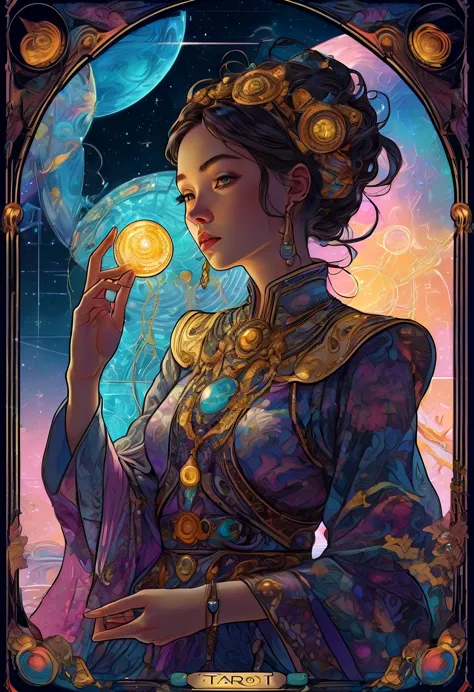 tarot cards, aesthetic, an updated tarot card, "tech mage", symbolizing power, creation, and resourcefulness. show a figure in a...