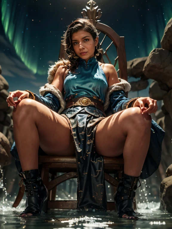 Korra (Avatar the Last Airbender), best quality, realistic, vivid colors, beautiful detailed eyes, flowing water, icy blue color tone, winter landscape, traditional attire, ((fluffy coat, strong and confident posture, slef defense position, water bending, tribal markings, arctic wind, northern lights)), (best quality,4k,highres,masterpiece:1.2),ultra-detailed,(realistic:1.37) sitting in a queen throne,  from below, Fantasy artic background, cinematic lighting, fiolm grain, perfect hands, depth of field, cinematic lighting, reflection light, lens flare, f/4.0, 35mm, Sony FE GM, textured skin, anatomically correct, ccurate