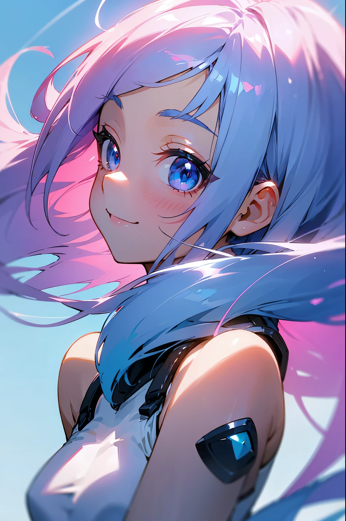 1 girl、pink hair、beautiful anime girl、small breasts、long hair、bangs、blue hair、light blue eyes、upper body close-up、smile、From the side、shiny skin