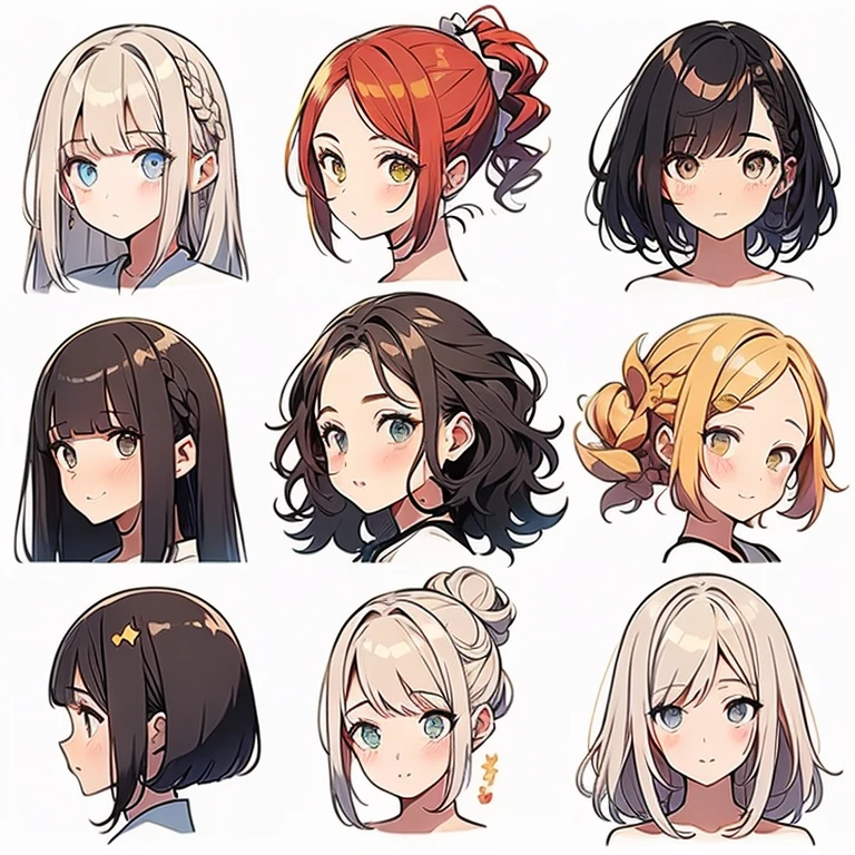 9 girls, white background,  different characters, multiple views, (Close up heads, portrait, mugshot), bra, bare shoulders, bikini, different hair colors, different hair styles, 
twin-tail hair style, 
pony-tail hair, wavy 
long hair, 
braid, 
parted bangs, 
high ponytail, 
low ponytail, 
big hair, cornrows, 
hair bun, 
hair rings, 
half updo hairstyle, 
diagonal bangs, 
two side up hair, 
flipped hair, 
blunt bangs, 

warm-toned hair colors, 
cool-toned hair colors, 
brown hair color, 
red hair color, 
yellow hair color, 
white hair color, 
purple hair color, 
blue hair color,