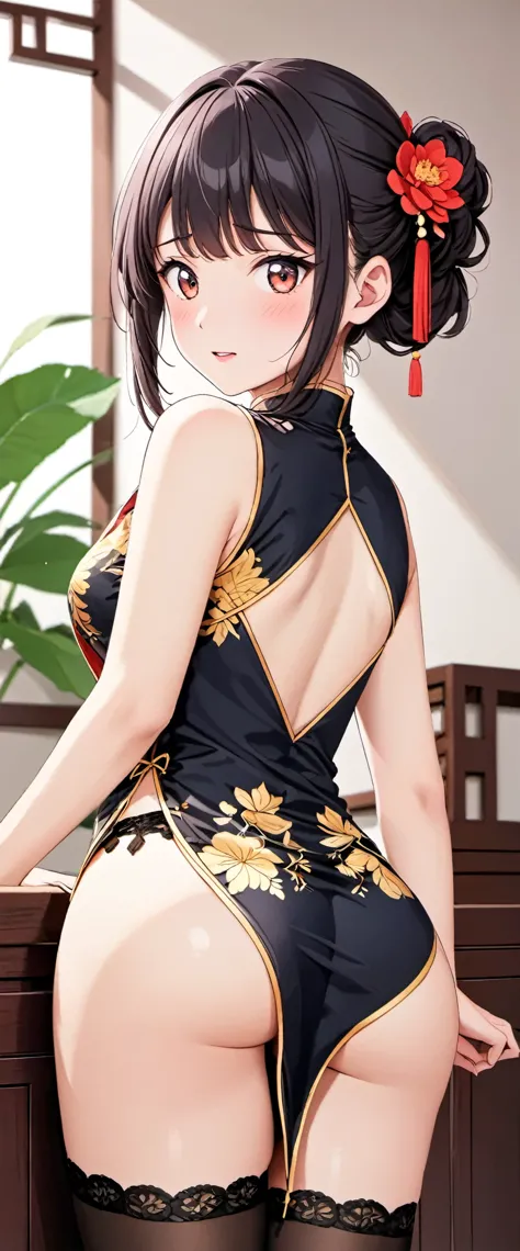 High resolution, adult woman , good lighting, despicable, , (No nudity), (((China dress))), (()), ((())), (garter belt), abdomen only, (),  ,  cute face, I&#39;m embarrassed and blush, humiliating, ((turn around and look back)), ((See-through))()(T-back)(a...
