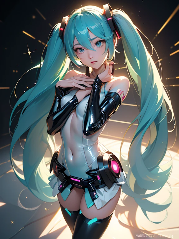 (((1fille))), (((waifu, Vocaloïde, Miku Hatsune waifu))), (((cheveux longs, Cheveux Twintails))), ((Yeux cyan:1.3, les yeux levés: 1, yeux parfaits, Beaux yeux détaillés, yeux dégradés: 1, de beaux yeux finement détaillés: 1, yeux symétriques: 1, gros reflet sur les yeux: 1.2)), (((peau brillante: 1.5, peau claire: 1.5, peau claire, peau brillante, Very peau brillante, Corps brillant, peau pailletée en plastique, Exaggerated peau brillante, peau illuminée))), (corps détaillé, (Visage détaillé)), (Meilleure qualité), chemise, jupe ample, porte-jarretelles, bas, haute résolution, netteté, ultra détaillé, extrêmement détaillé, oeuvre d&#39;art de très haute qualité, (Réaliste, PhotoRéaliste: 1.37), 8k_fond d&#39;écran, (extrêmement détaillé CG 8k), (très bon CG 8K), ((Hyper Super ultra détaillé Perfect Piece)), (((Un chef-d&#39;œuvre impeccable))), illustration, couleurs vives, (complexe), Contraste élevé, Éclairage sélectif, double exposition, HDR (Plage dynamique élevée), Post-traitement, Flou d&#39;arrière-plan, Ombres d&#39;encre, ombres plus sombres, ombres épaisses, Ombres de haute qualité, Détails élevés, Réaliste, lumière cinématographique, éclairage latéral, reflet, Tracé laser, netteté,