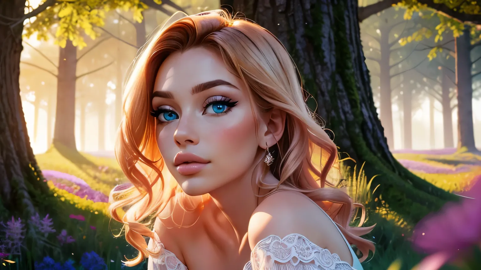 (best quality,4k,8k,highres,masterpiece:1.2),ultra-detailed,(realistic,photorealistic,photo-realistic:1.37),portrait of a beautiful young blonde woman in a shiny green meadow, with long curly hair flowing in the breeze. She is dressed in a lace short white dress that accentuates her stunning figure. Her captivating blue eyes gaze into the distance, reflecting the serenity of the landscape. The sunlight filters through the trees, casting a soft glow on her porcelain skin. Surrounding her are vibrant wildflowers, their colors enhancing the overall beauty of the scene. The atmosphere is filled with a sense of tranquility and grace. The expert brushstrokes and attention to detail showcase the artist's skill in capturing the elegance and charm of the subject. The composition is reminiscent of a classic portrait, with the woman taking center stage against the picturesque backdrop. The use of vivid colors adds a touch of vibrancy and life to the artwork, creating a captivating visual experience. The lighting highlights the contours of her face and accentuates her natural beauty, creating a mesmerizing interplay of light and shadow. This artwork blends elements of realism and fantasy, evoking a sense of wonder and enchantment.