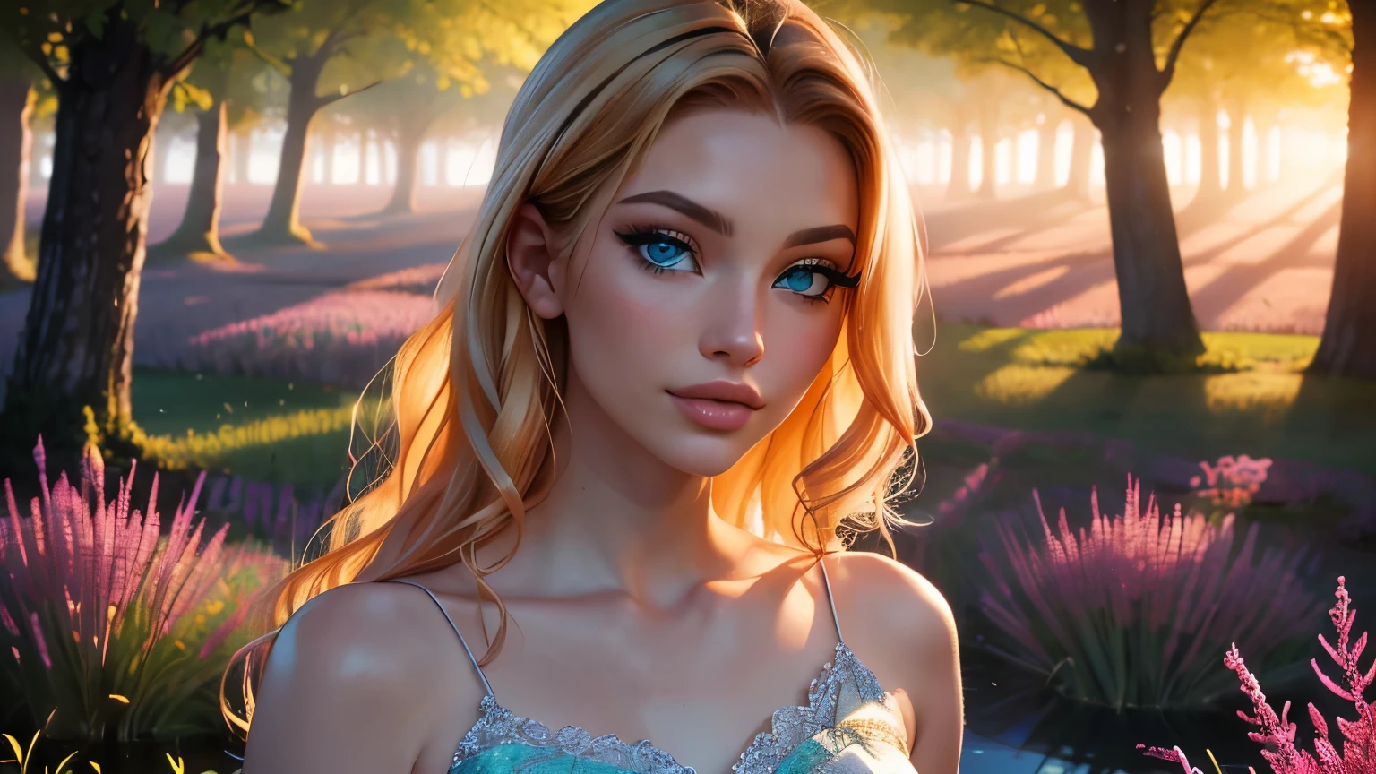 (best quality,4k,8k,highres,masterpiece:1.2),ultra-detailed,(realistic,photorealistic,photo-realistic:1.37),portrait of a beautiful young blonde woman in a shiny green meadow, with long curly hair flowing in the breeze. She is dressed in a lace short white dress that accentuates her stunning figure. Her captivating blue eyes gaze into the distance, reflecting the serenity of the landscape. The sunlight filters through the trees, casting a soft glow on her porcelain skin. Surrounding her are vibrant wildflowers, their colors enhancing the overall beauty of the scene. The atmosphere is filled with a sense of tranquility and grace. The expert brushstrokes and attention to detail showcase the artist's skill in capturing the elegance and charm of the subject. The composition is reminiscent of a classic portrait, with the woman taking center stage against the picturesque backdrop. The use of vivid colors adds a touch of vibrancy and life to the artwork, creating a captivating visual experience. The lighting highlights the contours of her face and accentuates her natural beauty, creating a mesmerizing interplay of light and shadow. This artwork blends elements of realism and fantasy, evoking a sense of wonder and enchantment.
