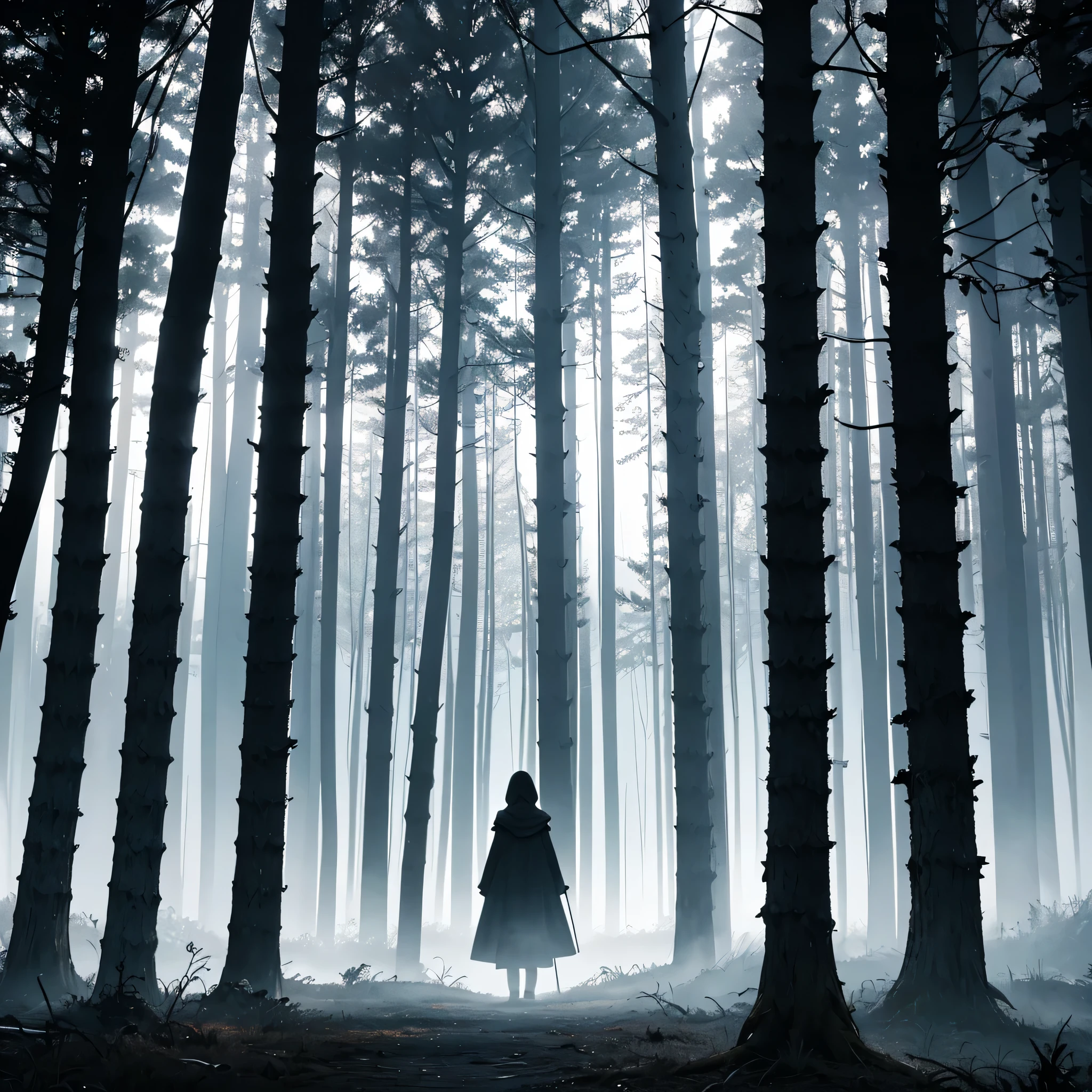 (best quality,4k,8k,highres,masterpiece:1.2),ultra-detailed,(realistic,photorealistic,photo-realistic:1.37),dark and mysterious,a girl's silhouette with a hood,red glowing eyes,nighttime forest,ominous atmosphere,captivating presence,shadows and secrets,barely visible face,foreboding sense,subtle moonlight,enhanced contrast,detailed foliage,misty fog,whispering trees,suspenseful ambiance,underlying danger,gloomy aura,mysterious appearance,subdued lighting,haunting beauty,uneasy stillness,silent footsteps,solitude and seclusion,ominous glow,ethereal presence,deep shadows,hidden intentions,nighttime enigma,unseen entity,creepy atmosphere,shrouded mystery,intense and captivating,unveiling darkness