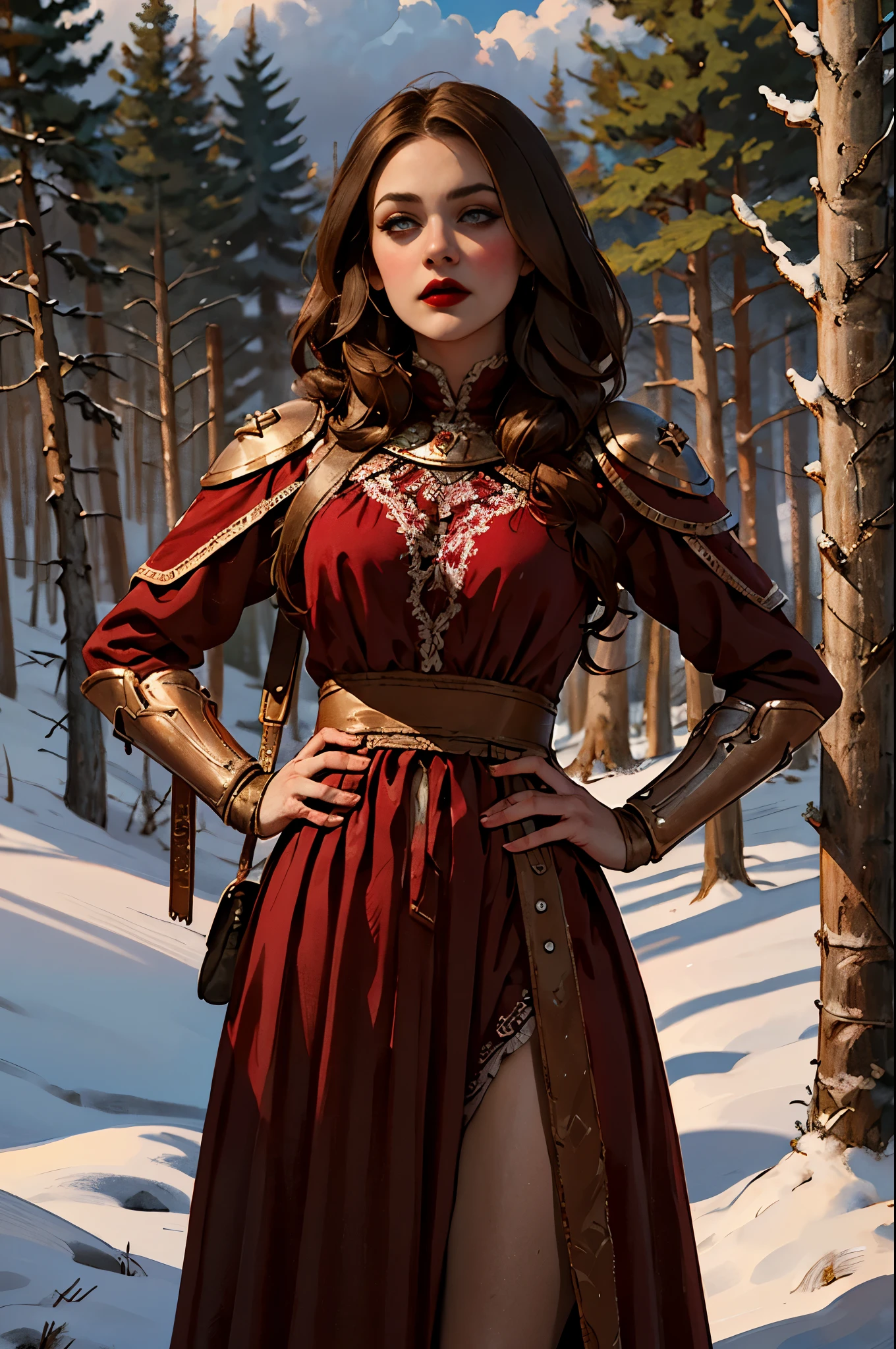 1 girl, Cowboy shot of a beautiful brown-haired woman, 18 years, sexy face with full makeup, Red lipstick, hands on hips, Dress, armor, Rogue, Slavic pagan, , winter, the forest, morning, Clouds,
