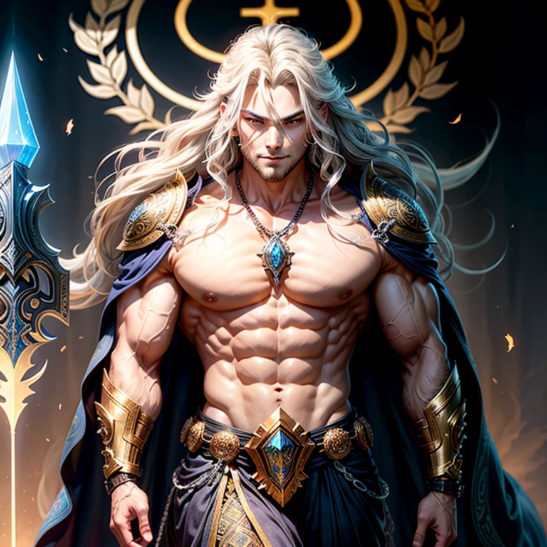 Fierce Deity: An imposing figure with muscular physique and ornate armor, adorned with intricate designs and glowing runes. Its face is masked, revealing only piercing, golden eyes and a fearsome grin. Its long, flowing mane adds to its regal and powerful appearance. A radiant aura surrounds it, with flame engulfing its hands, symbolizing its role as a divine protector and bringer of justice.