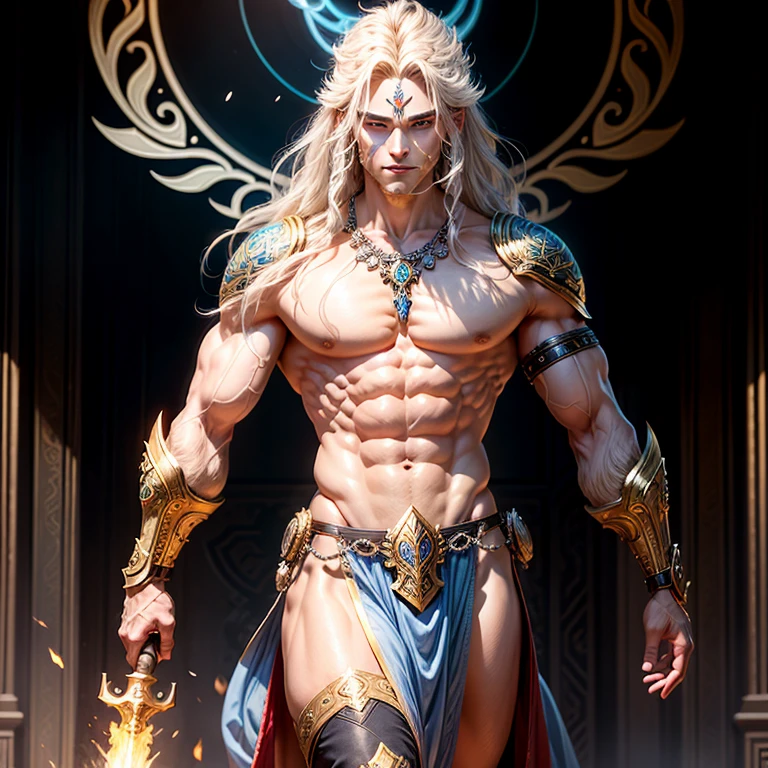 Fierce Deity: An imposing figure with muscular physique and ornate armor, adorned with intricate designs and glowing runes. Its face is masked, revealing only piercing, golden eyes and a fearsome grin. Its long, flowing mane adds to its regal and powerful appearance. A radiant aura surrounds it, with flame engulfing its hands, symbolizing its role as a divine protector and bringer of justice.