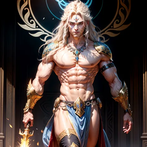 Fierce Deity: An imposing figure with muscular physique and ornate armor, adorned with intricate designs and glowing runes. Its ...