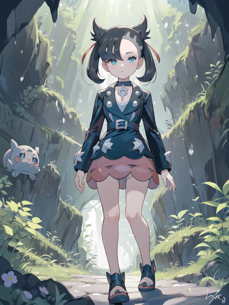 ((pokemon'smarnie:1.2)),(super detailed illustrations:1.2),(masterpiece, 8K), (最high quality, high quality:1.4), perfect anatomy, very detailed, super detailed,masterpiece background,beautiful detailed background, v8K wallpaper,perfect design,award winning art,stand in front of the photo、highest quality、cute girl、、、 girl、inside a dark cave, The cave continues deeper,A dark cave covered in moss, (dramatic light:1.3), 
woman, female brat,goblin、Only one person depicted:1.2,flower, full body:1.2