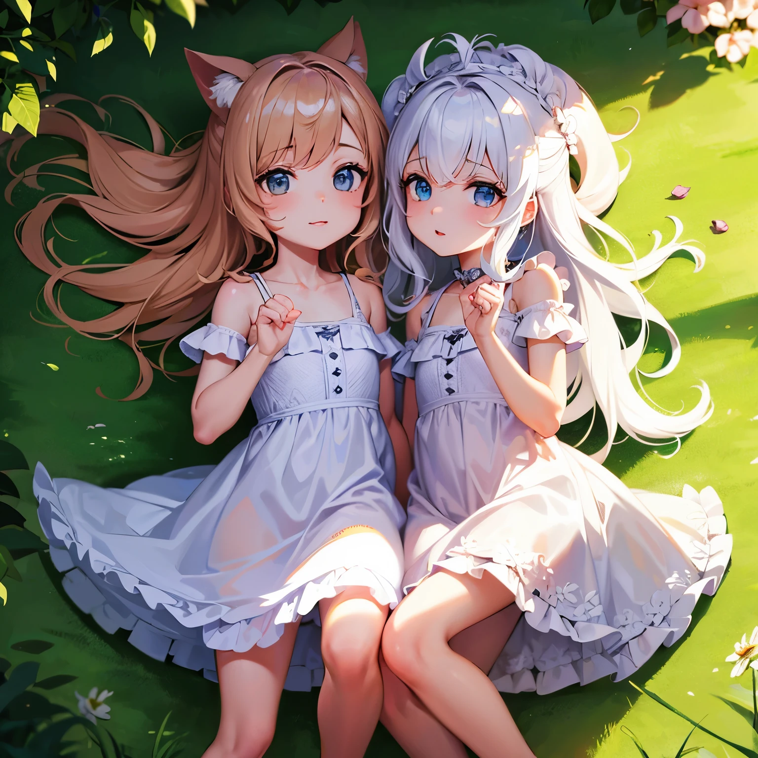 Anime girls laying on the ground with their hands together - SeaArt AI