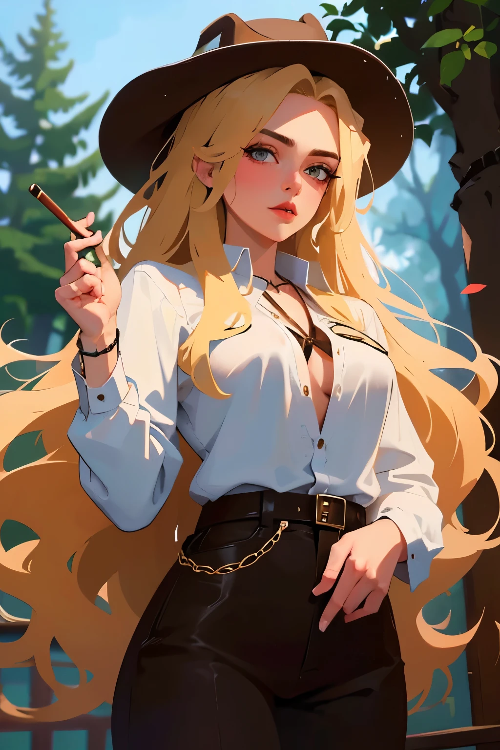 a woman with small breasts, long wavy blonde hair, brown eyes, amazing lips, and amazing eyes, wearing a cowgirl outfit in the wild west, wearing a cowgirl hat, smoking on a cigar, fully clothed, white shirt