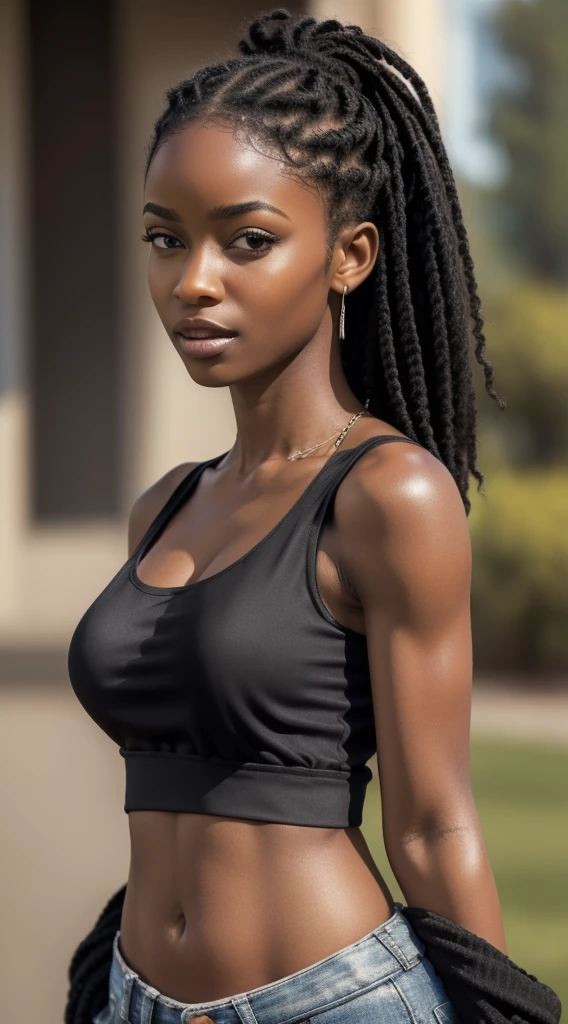 (Masterpiece, best quality, photorealistic, highres, photography, :1.3), very close-up shot, sharp focus, 1 brunette girl, African american girl, hot model, midriff, highly detailed eyes and pupils, realistic skin, slim body shape, cleavage, extremely detailed hair, delicate face, sensual gaze, shiny lips, ((wearing loose fitting silk black tank tops off the  shoulders)), outdoor, ((realistic, super realistic, realism, realistic detail))