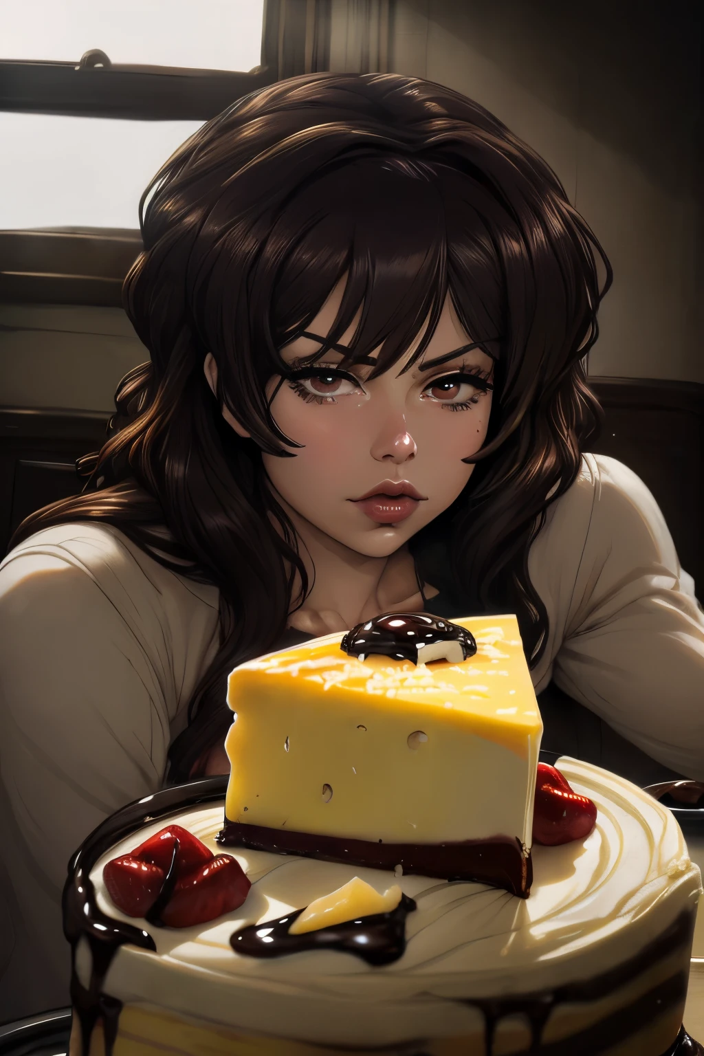 Tranche appétissante photoréaliste de cheesecake aux cerises avec du chocolat, délicieux, parfumé, Fermer, très détaillé, détail complexe, photo brute, rendu réaliste, ambiance immersive, clair-obscur, éclairage maussade, Miranda Cosgrove ((recouvert de gâteau au fromage))