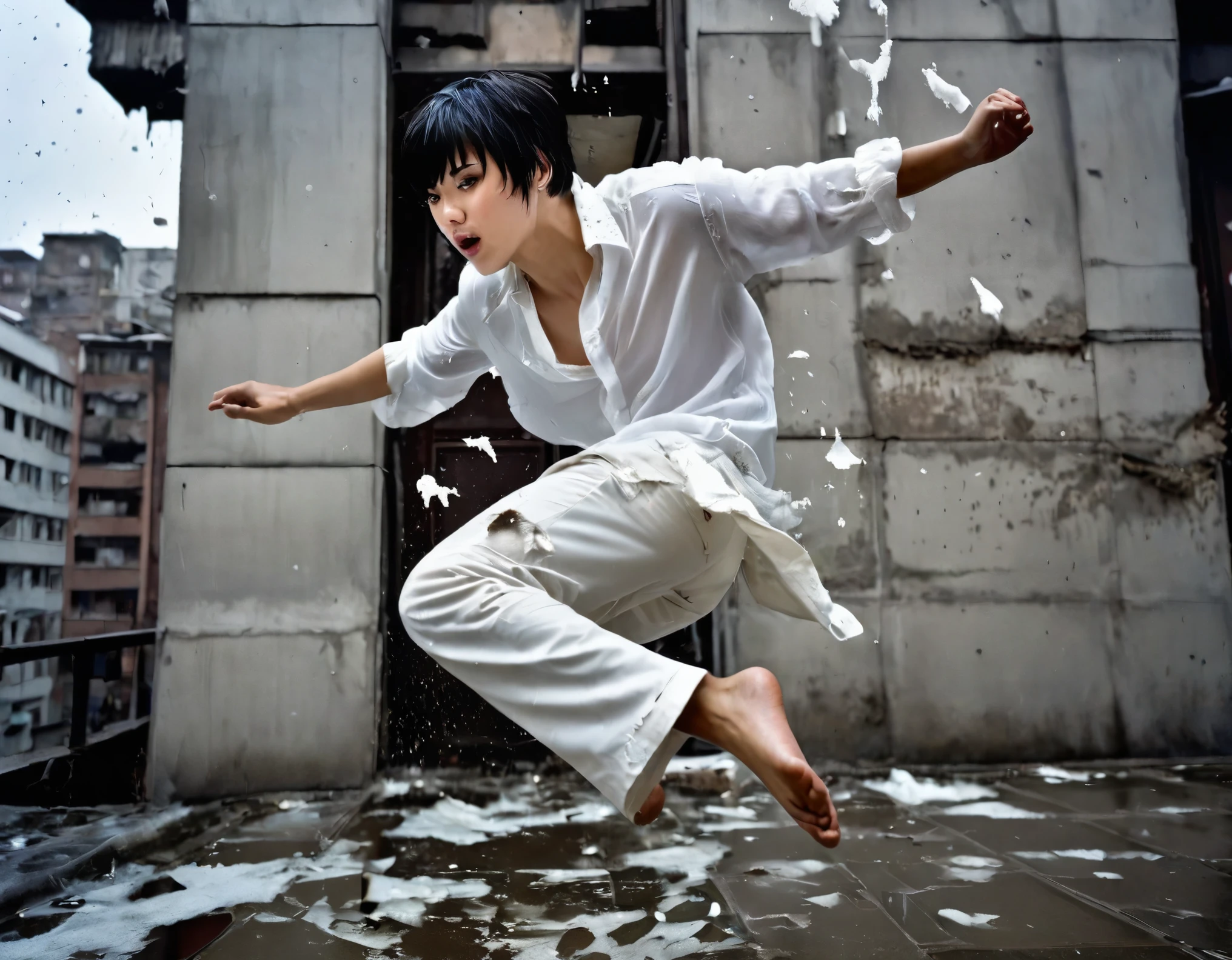 the young man with short black hair with bangs falling to the ground of a building, humid weather, cold weather, dark image, (((WHITE CLOTHES ONLY))), wearing a torn white blouse and pants, falling from the sky to the ground, movement of falling from the sky, (((barefoot)))