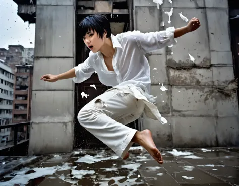 the young man with short black hair with bangs falling to the ground of a building, humid weather, cold weather, dark image, (((...
