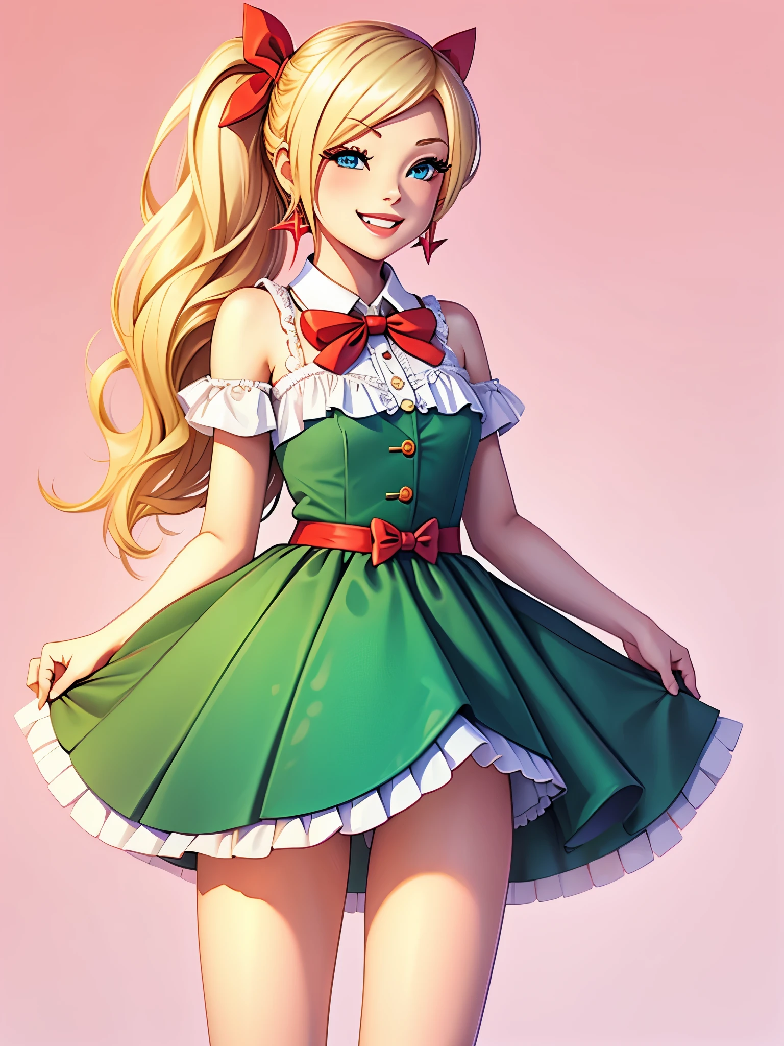 1girl,arm up,blonde hair,bow,bowtie,frills,full body,green eyes,green ribbon,grin,hair ribbon,happy,long hair,one eye closed,panties,pillarboxed,pink background,ponytail,red bow,red bowtie,red skirt,ribbon,skirt,smile,solo,teeth,underwear,white panties